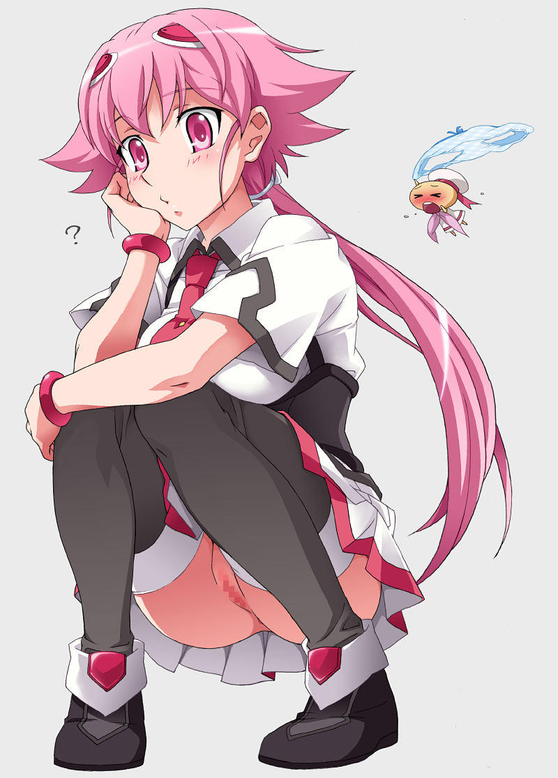 saipaco, shishidou akiha, sora wo kakeru shoujo, 00s, 1girl, bracelet, censored, female focus, jewelry, legs, long hair, no panties, panties, pink eyes, pink hair, pussy, school uniform, serafuku, solo, squatting, thighhighs, underwear