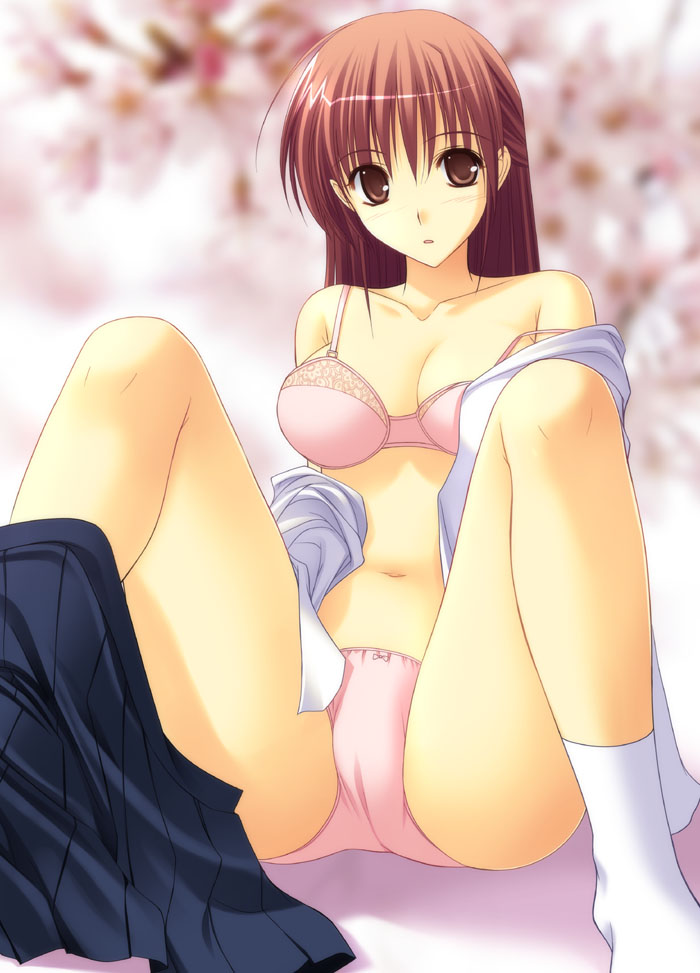 takepon, original, 1girl, bra, brown eyes, brown hair, clothes pull, female focus, lingerie, long hair, panties, pink panties, skirt, skirt pull, socks, solo, strap slip, underwear, undressing