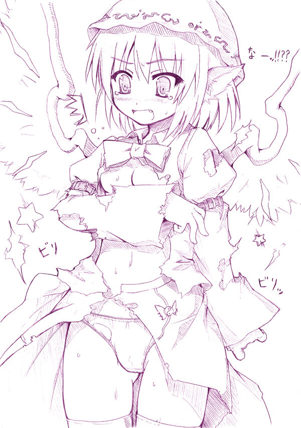 etogami kazuya, mystia lorelei, touhou, 1girl, animal ears, fang, female focus, hat, monochrome, panties, skirt, solo, tears, torn clothes, underwear, white background, wings