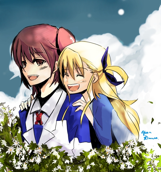 takamachi nanoha, vivio, lyrical nanoha, mahou shoujo lyrical nanoha, mahou shoujo lyrical nanoha strikers, 00s, 2girls, :d, ^ ^, closed eyes, day, flower, hug, hug from behind, inseki, long hair, military, military uniform, multiple girls, open mouth, outdoors, round teeth, side ponytail, smile, teeth, twintails, upper body, very long hair, yuri