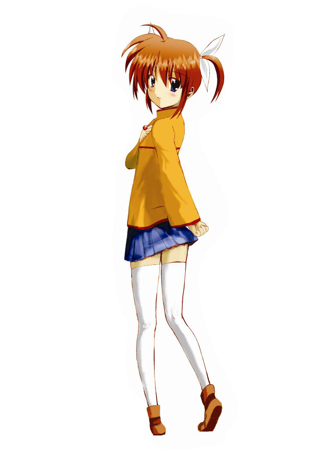kohinore, takamachi nanoha, lyrical nanoha, mahou shoujo lyrical nanoha, 00s, 1girl, female focus, orange shirt, shirt, short twintails, solo, thighhighs, twintails, zettai ryouiki