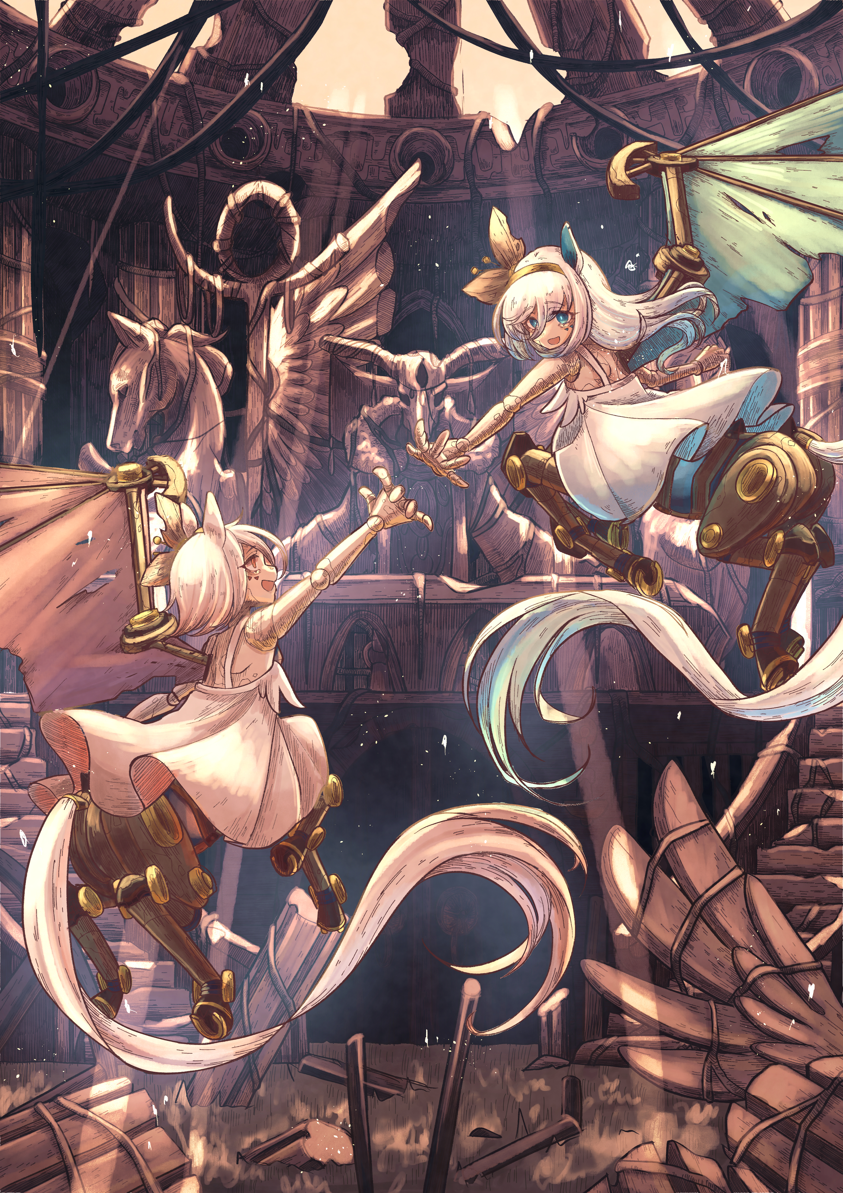 original, absurdres, commentary request, highres, 2girls, :d, android, animal ears, bare shoulders, blue eyes, blue hair, centaur, cyberpunk, dress, facial mark, floating, flower, full body, gradient hair, hair between eyes, hair flower, hair ornament, hairband, hooves, horse ears, horse tail, joints, light rays, long hair, long tail, looking at another, multicolored hair, multiple girls, multiple legs, open mouth, outstretched arm, red eyes, red hair, robot joints, ruins, short hair, siblings, sidelocks, single wing, sisters, sleeveless, sleeveless dress, smile, statue, tail, taur, torn wings, twins, two-tone hair, white dress, white hair, wings, yabase bazi, yellow hairband