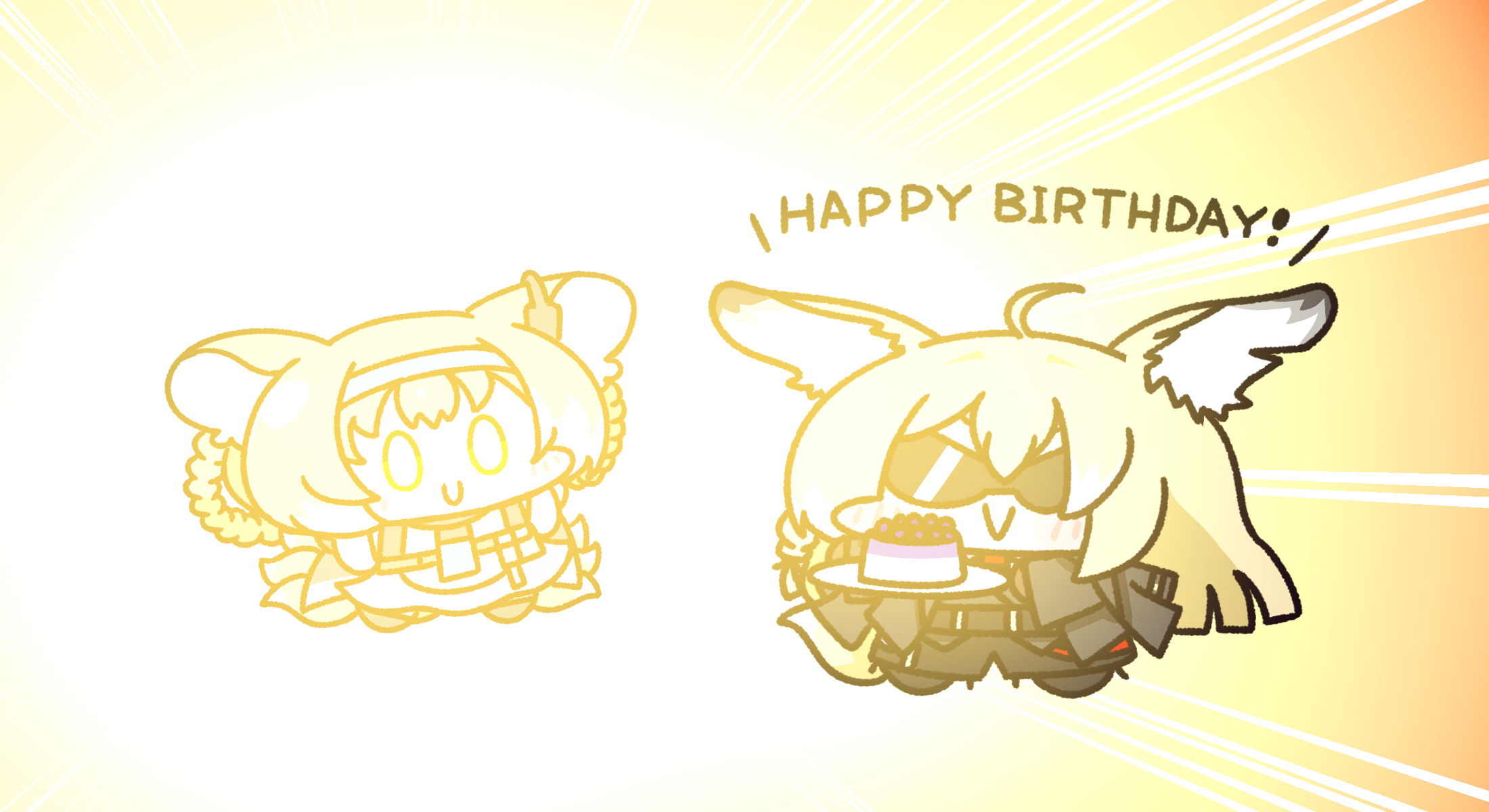 ca-ma, suzuran (arknights), vulpisfoglia (arknights), arknights, commentary request, highres, 2girls, animal ears, black jacket, blinding light, blonde hair, blue hairband, blush, cake, chibi, dress, earpiece, food, fox ears, fox girl, fox tail, full body, glasses, hair rings, hairband, happy birthday, holding, holding tray, jacket, kitsune, long hair, mother and daughter, multiple girls, necktie, smile, standing, sunglasses, tail, tray