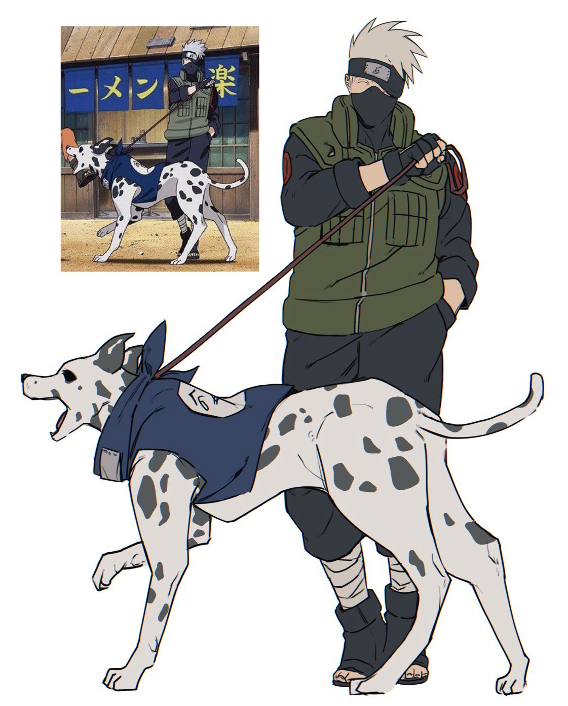 hatake kakashi, naruto (series), derivative work, highres, screenshot redraw, 1boy, black gloves, black pants, black shirt, black shoes, closed eyes, dalmatian, douchi xo, fingerless gloves, full body, gloves, green vest, grey hair, hand in pocket, headband over one eye, holding, holding leash, leash, male focus, mask, mouth mask, open-toe shoes, open mouth, pants, shirt, shoes, short hair, vest, white background