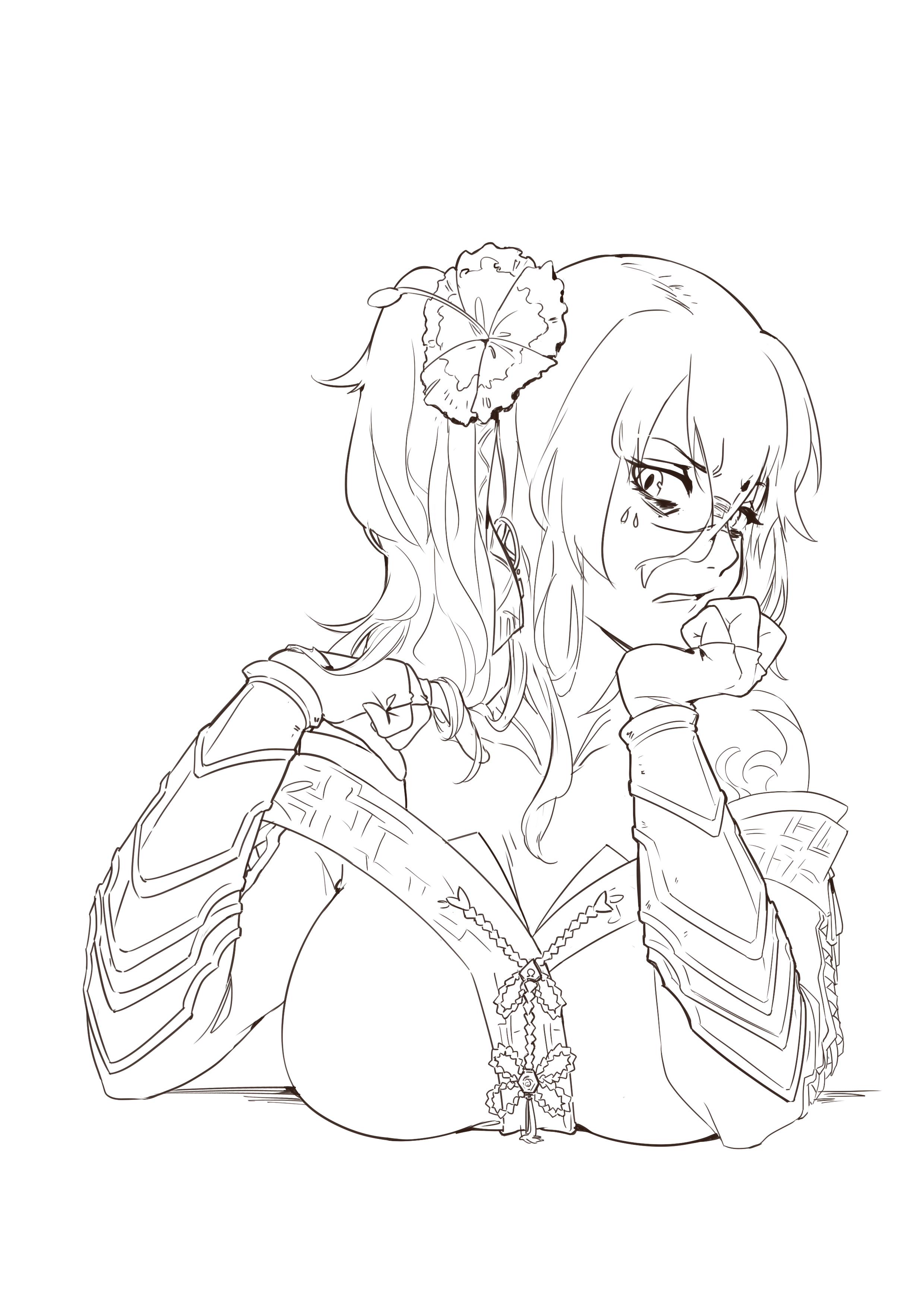 arienne (knights), original, absurdres, bad link, highres, 1girl, bags under eyes, bare shoulders, breast rest, breasts, breasts on table, disgust, facial mark, fingerless gloves, flower, gloves, greyscale, hair between eyes, hair flower, hair ornament, hand on own head, hibiscus, large breasts, long eyelashes, looking at viewer, monochrome, parted lips, scowl, side ponytail, sketch, tattoo, twirling hair, white background