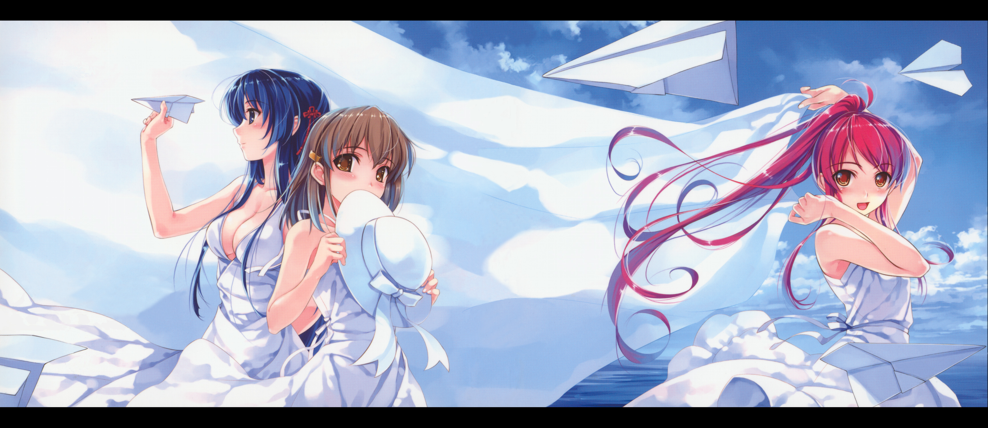 cradle (circle), misaki kurehito, koga sayoko, miyamae tomoka, tsuyazaki kokage, abhar, suiheisen made nan mile?, absurdres, highres, 3girls, album cover, bed sheet, blue eyes, blue hair, breasts, brown eyes, brown hair, cleavage, cover, day, dress, hat, holding, holding paper airplane, holding unworn clothes, holding unworn hat, letterboxed, long hair, medium breasts, multiple girls, paper airplane, ponytail, red eyes, red hair, ribbon, short hair, sun hat, sundress, unworn hat, unworn headwear
