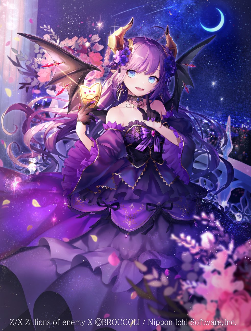 natsuiro xx, z/x, highres, 1girl, ahoge, balcony, bare shoulders, black gloves, black wings, blue eyes, brown horns, copyright notice, crescent moon, demon girl, demon horns, demon wings, dress, fang, flower, gloves, hair flower, hair ornament, holding, horns, long hair, moon, night, night sky, off-shoulder dress, off shoulder, open mouth, outdoors, pink flower, pink petals, pointing, pointing up, pointy ears, purple dress, purple flower, purple hair, railing, sky, solo, sparkle, star (sky), ugly (z/x), wings, yellow petals
