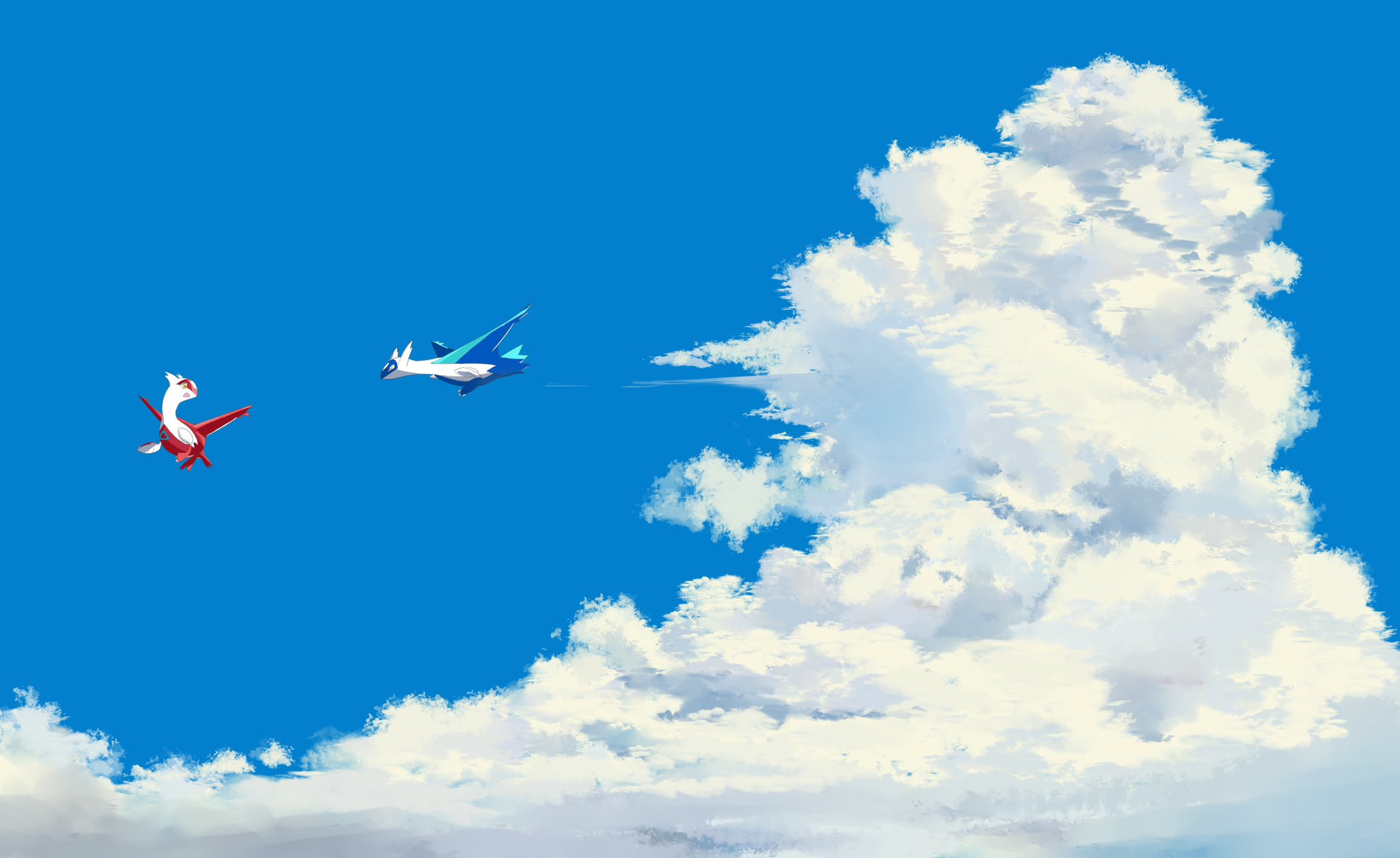ryure, latias, latios, nintendo, pokemon, commentary request, highres, blue sky, claws, cloud, cloudy sky, cumulonimbus cloud, day, full body, gen 3 pokemon, legendary pokemon, looking at another, no humans, open mouth, outdoors, pokemon (creature), sky, wide shot, yellow eyes