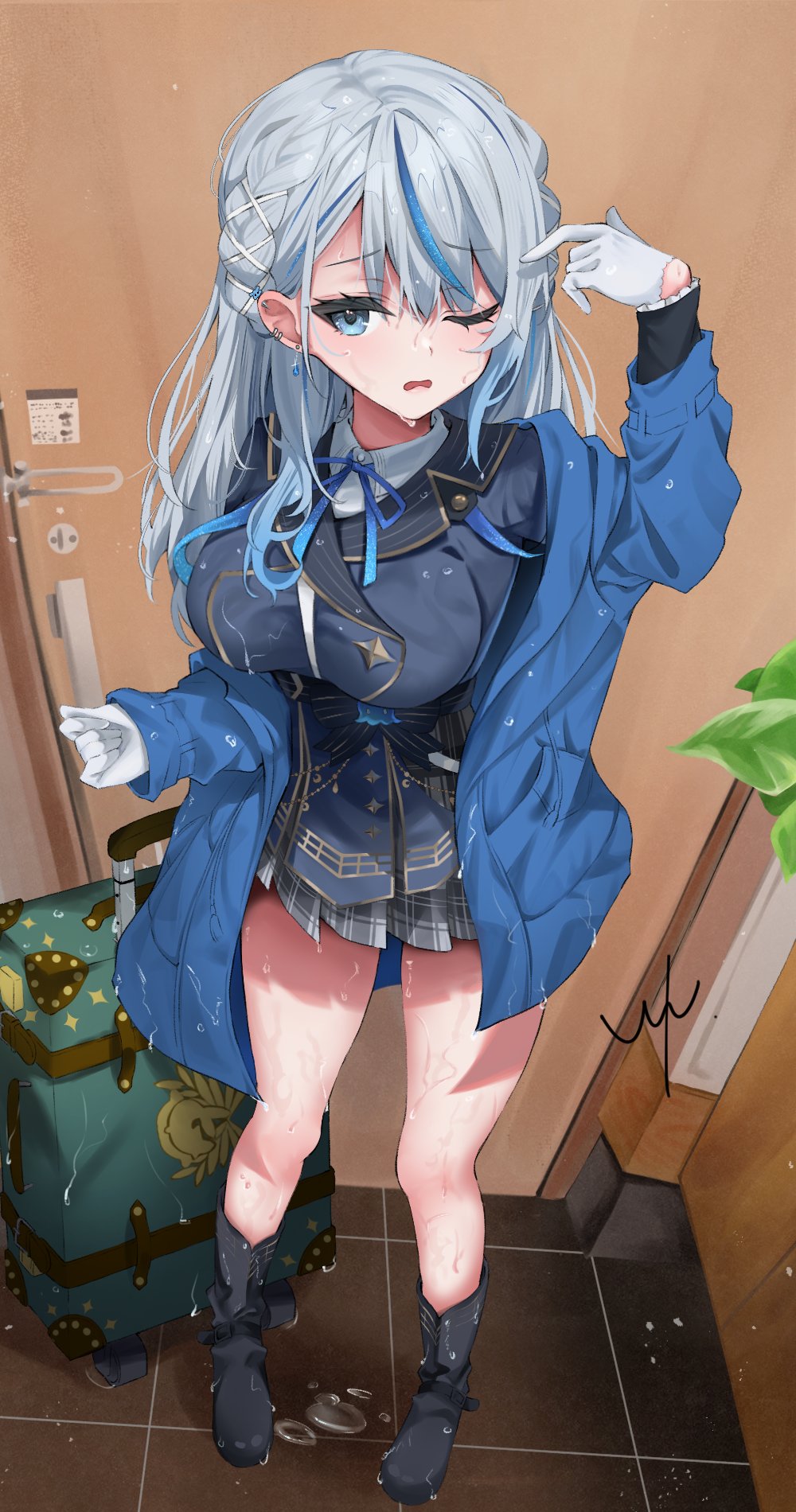 amagai ruka, weather planet, highres, 1girl, black boots, blue eyes, blue hair, blue jacket, blue ribbon, boots, braid, breasts, earrings, gloves, grey hair, half gloves, hand up, indoors, jacket, jewelry, knee boots, large breasts, long hair, long sleeves, looking at viewer, multicolored hair, one eye closed, open clothes, open jacket, parted lips, ribbon, signature, skirt, solo, standing, streaked hair, suitcase, uyu22mar, virtual youtuber, wet, white gloves