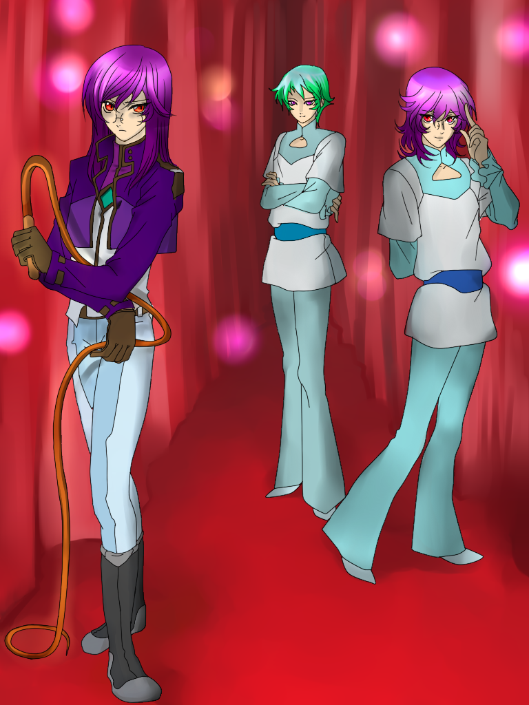 kuronorumi, regene regetta, ribbons almark, tieria erde, gundam, gundam 00, bad id, bad pixiv id, translation request, 00s, 3boys, glasses, green hair, innovators (gundam 00), male focus, multiple boys, purple eyes, purple hair, red eyes, trap, whip