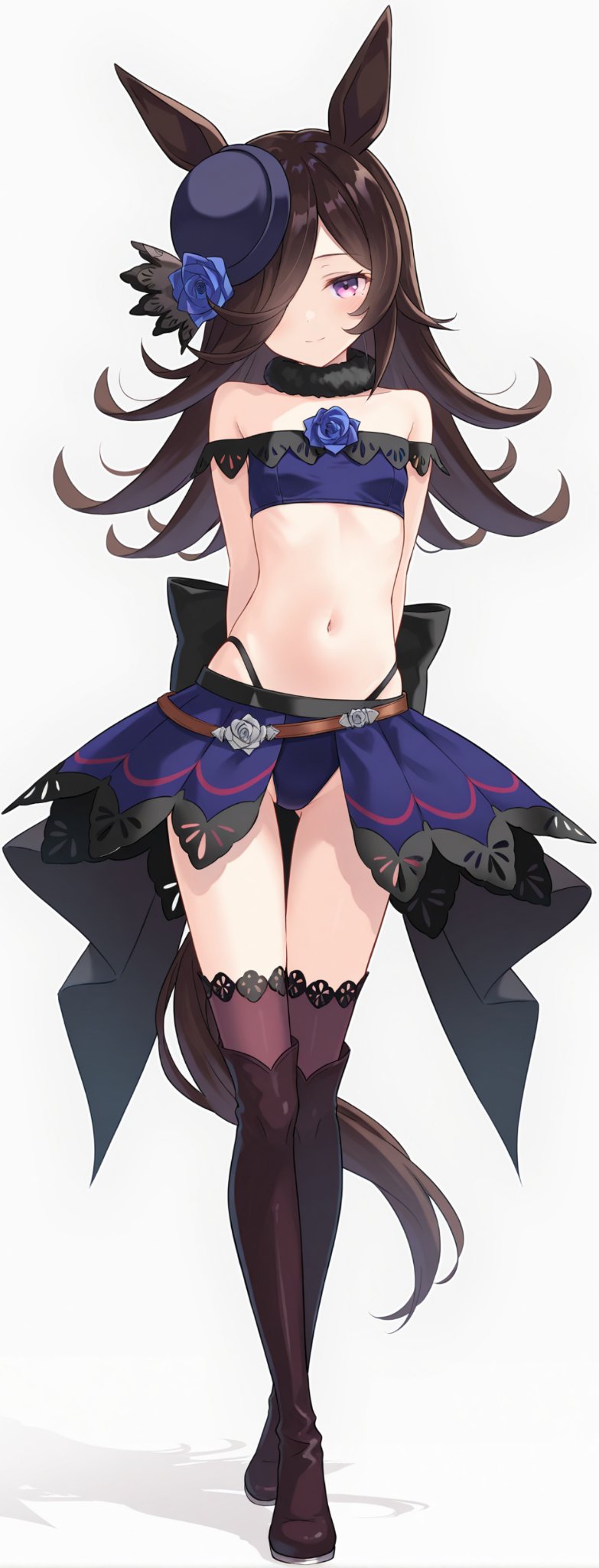 rice shower (umamusume), umamusume, highres, blue flower, blue rose, breasts, brown hair, flower, hpgen01, off shoulder, panties, rose, small breasts, underwear