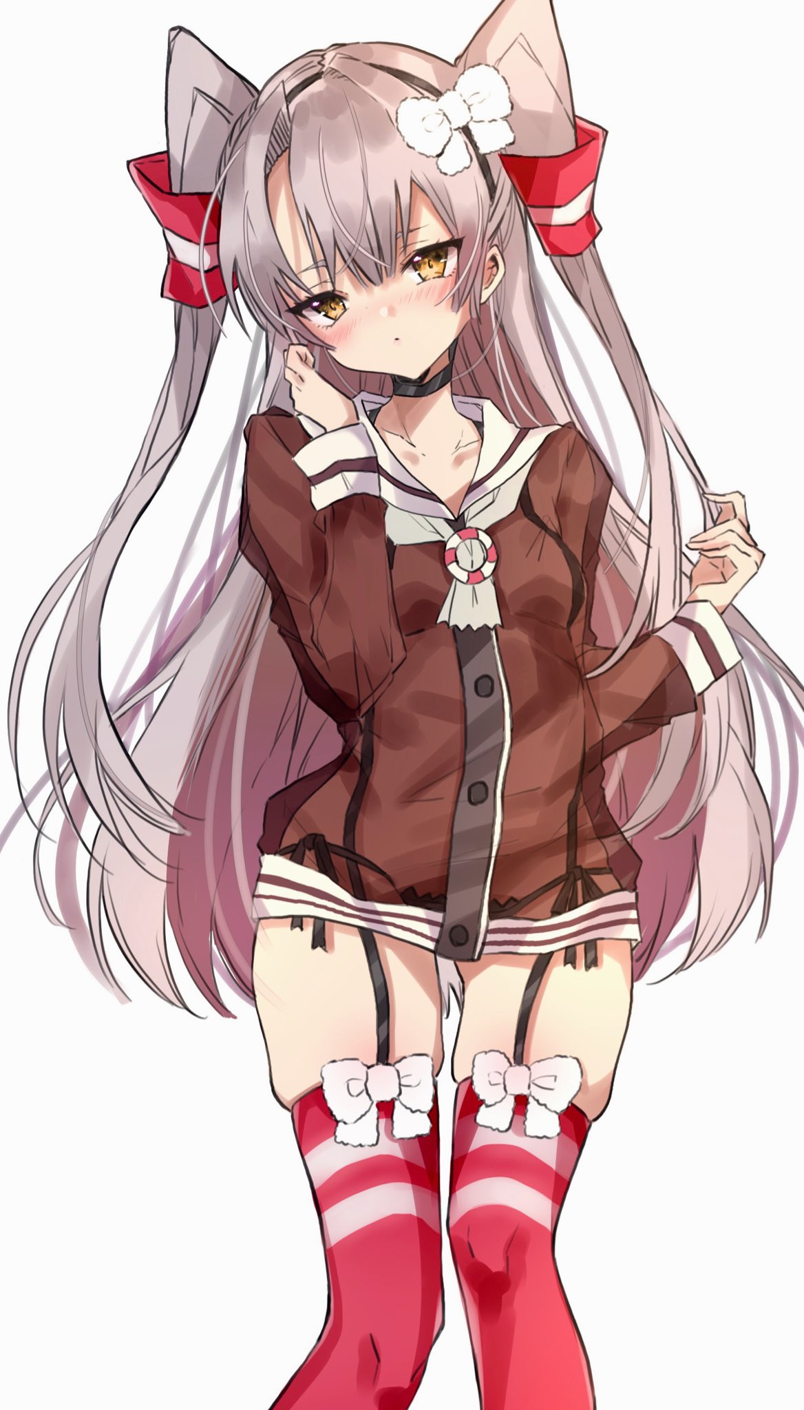 chigasaki yukari, amatsukaze (kancolle), kantai collection, highres, 1girl, bow, brown dress, dress, garter straps, grey neckerchief, hair bow, hair tubes, long hair, long shirt, looking at viewer, neckerchief, no pants, red thighhighs, sailor collar, sailor dress, shirt, short dress, smokestack hair ornament, solo, striped clothes, striped thighhighs, thighhighs, two side up, white sailor collar, white shirt