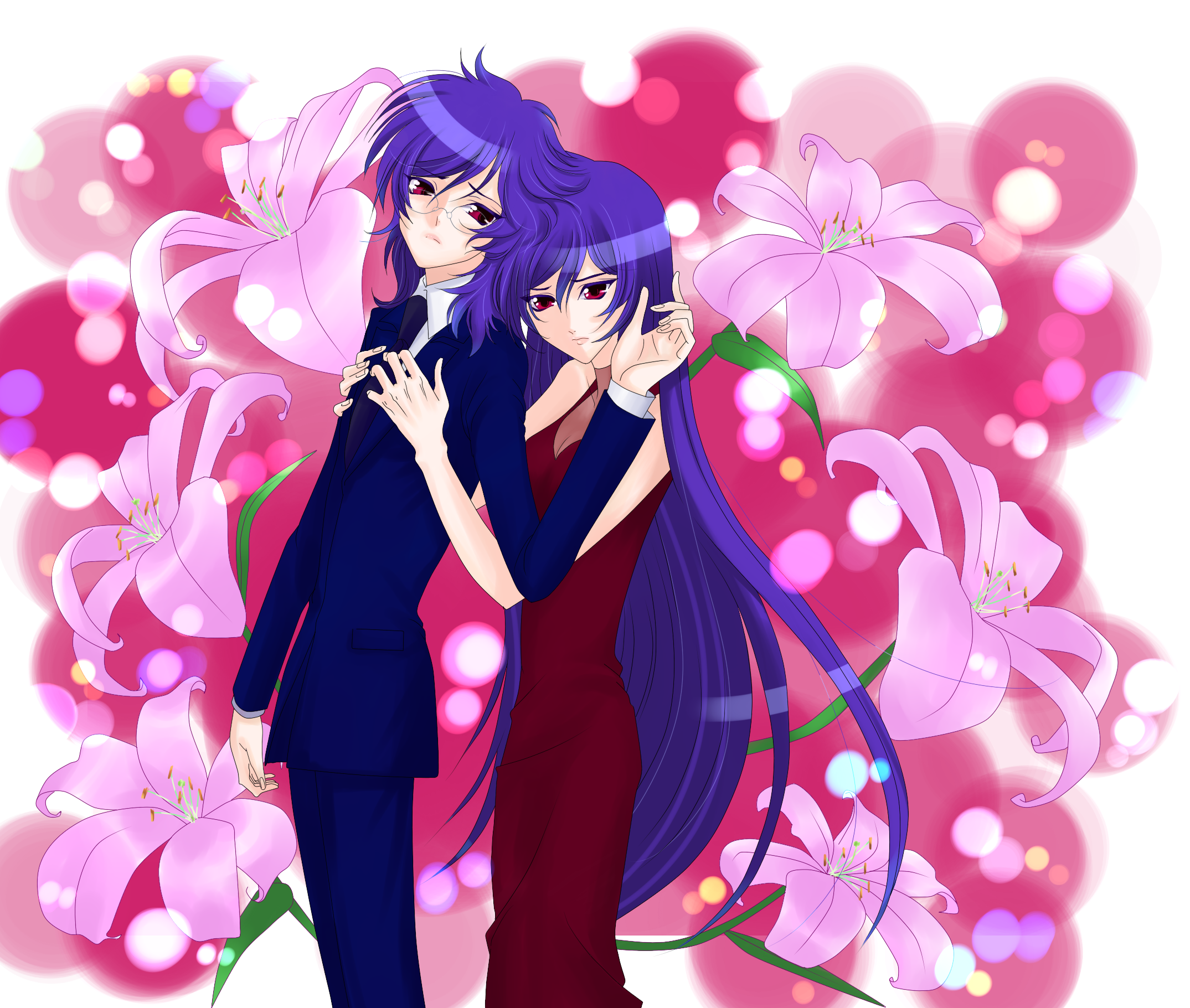 kuronorumi, regene regetta, tieria erde, gundam, gundam 00, bad id, bad pixiv id, highres, 00s, 2boys, crossdressing, crossdressing (mtf), dress, formal clothes, glasses, multiple boys, pant suit, pants, purple hair, red eyes, suit, trap, tuxedo