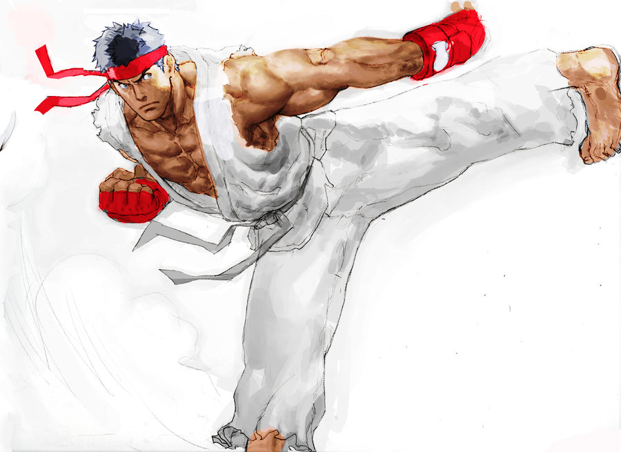 steven mack, capcom, street fighter, ryuu (street fighter), bandana, black hair, dougi, fingerless gloves, gloves, kicking