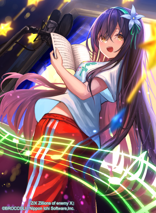 konome noi, z/x, official art, 1girl, beamed eighth notes, black hair, book, copyright notice, eighth note, flower hairband, from below, green hairband, hairband, holding, holding book, indoors, long hair, looking back, microphone, musical note, musical staff, open book, open mouth, pants, pecteilis, recording studio, red pants, shirt, short sleeves, solo, studio microphone, teeth, upper teeth only, white shirt, yellow eyes