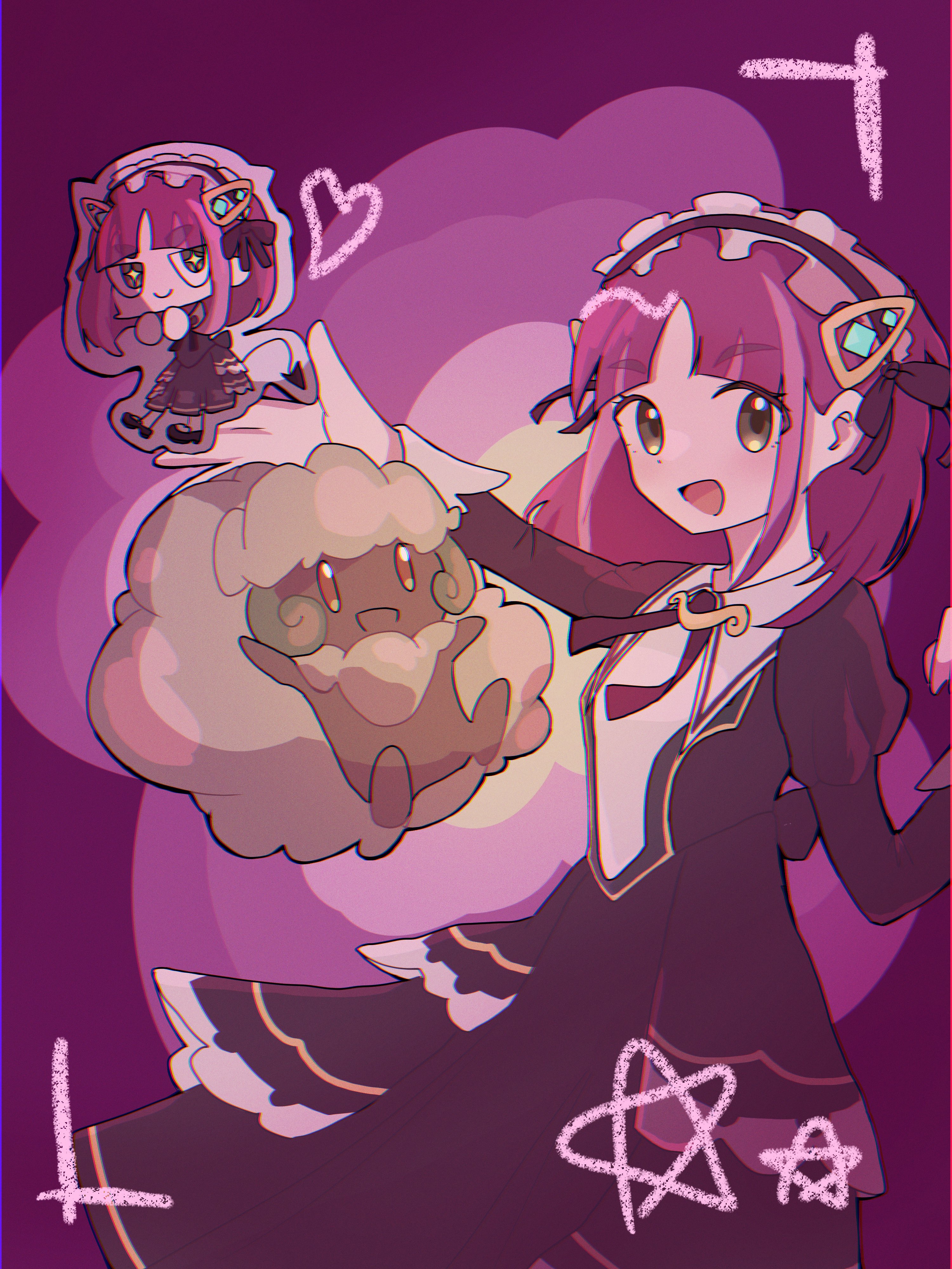 saltmusubi 12, lacey (fall 2025) (pokemon), lacey (pokemon), whimsicott, nintendo, pokemon, pokemon masters ex, absurdres, highres, 1girl, arched bangs, black dress, brown eyes, closed mouth, demon tail, dress, gen 5 pokemon, green eyes, hair ornament, headdress, heart, long sleeves, looking at viewer, maid, maid headdress, official alternate costume, open mouth, pink hair, pokemon (creature), puffy sleeves, short hair, smile, star-shaped pupils, star (symbol), symbol-shaped pupils, tail