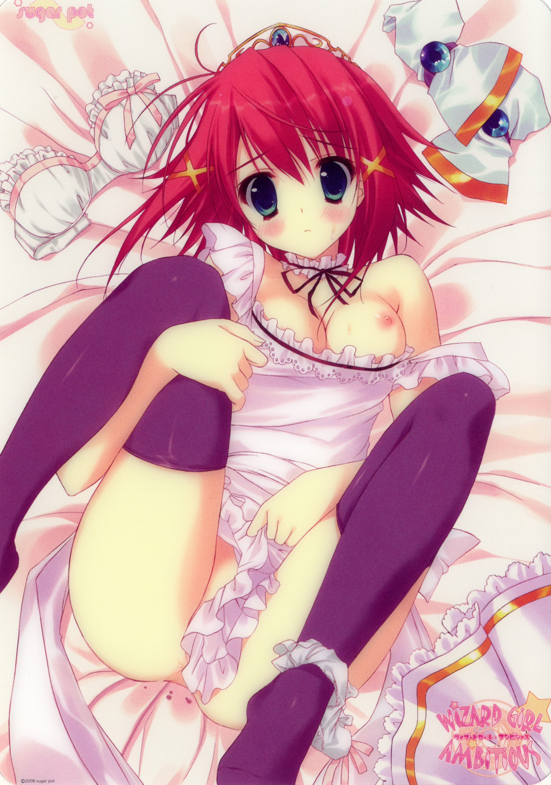 ryouka (suzuya), mitsurugi asuka, wizard girl ambitious, absurdres, highres, 10s, 1girl, apron, bed, blush, bra, breasts, censored, convenient censoring, female focus, lingerie, lying, naked apron, nipples, no panties, panties, panties around leg, short hair, solo, thighhighs, underwear