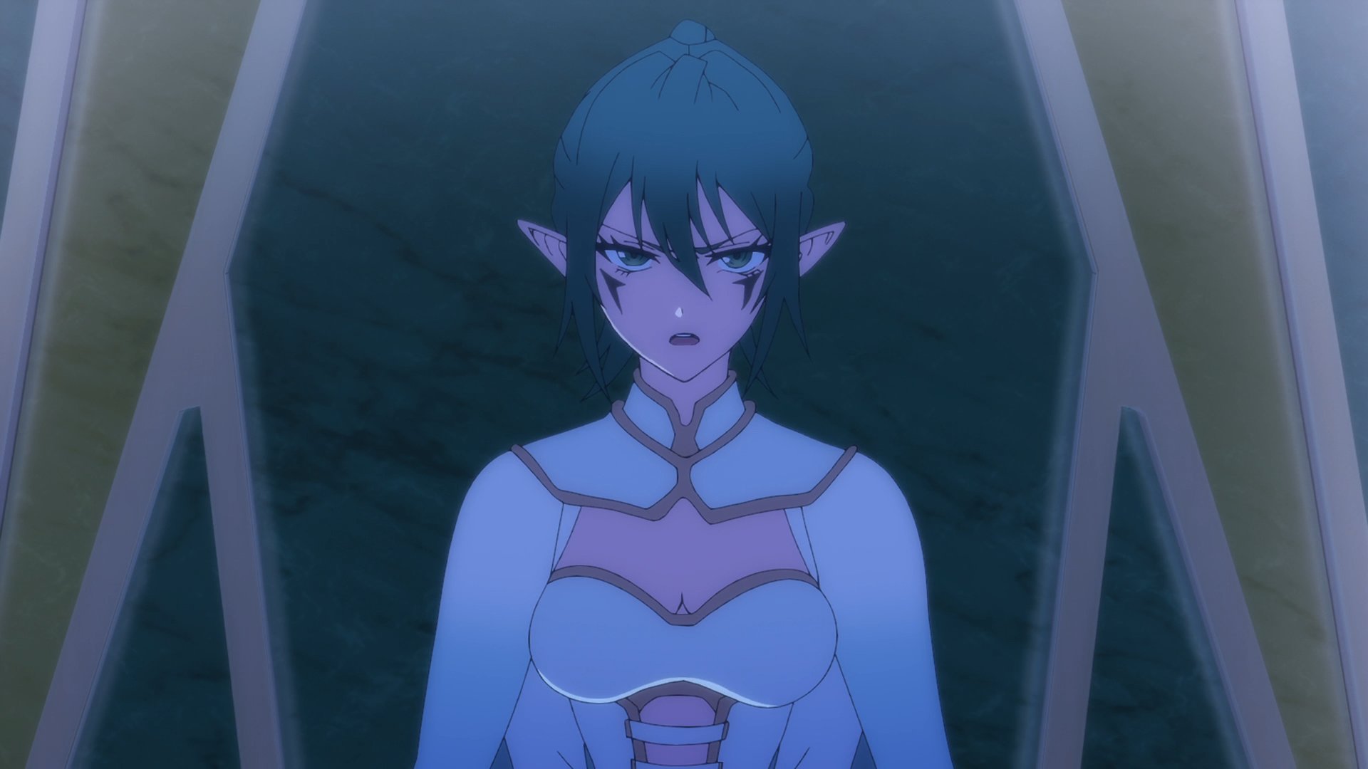tsue to tsurugi no wistoria, character request, highres, 1girl, breasts, capelet, cleavage, clothing cutout, dot nose, dress, elf, ellenor ljos alf, female focus, green eyes, green hair, long hair, long sleeves, looking at viewer, medium breasts, no bra, open mouth, pointy ears, ponytail, sitting, solo, solo focus, stomach, stomach cutout, teeth, upper teeth only, white capelet, white dress