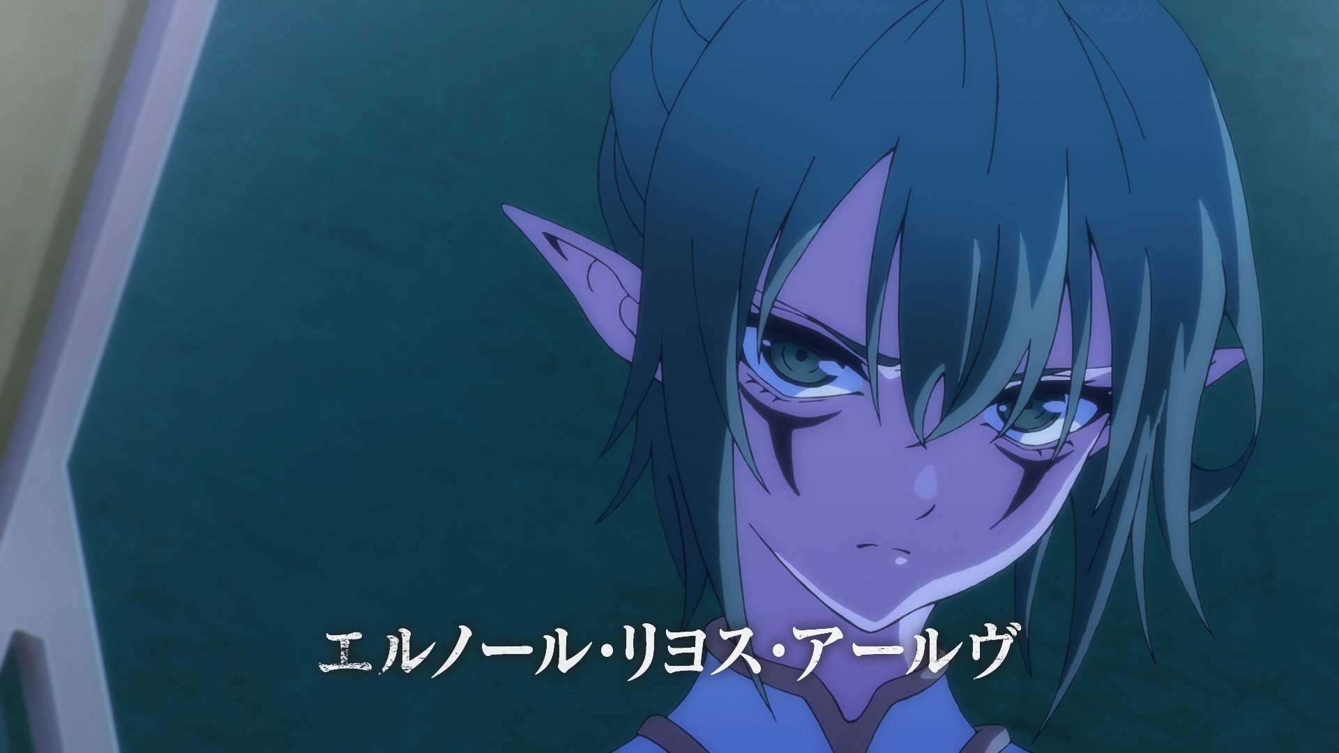tsue to tsurugi no wistoria, character request, highres, translation request, 1girl, closed mouth, elf, ellenor ljos alf, female focus, green eyes, green hair, japanese text, long hair, looking at viewer, pointy ears, ponytail, solo, solo focus