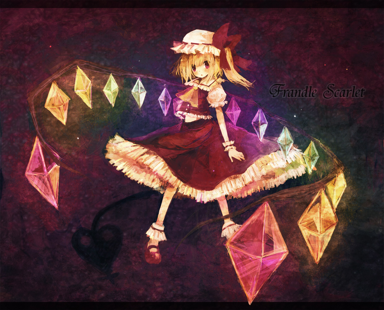 kashiwaba hisano, flandre scarlet, touhou, bad id, bad pixiv id, 1girl, blonde hair, bobby socks, character name, english text, engrish text, female focus, glowing, glowing wings, hat, laevatein, mary janes, purple background, rainbow order, ranguage, red eyes, shoes, side ponytail, skirt, skirt set, socks, solo, standing, wings