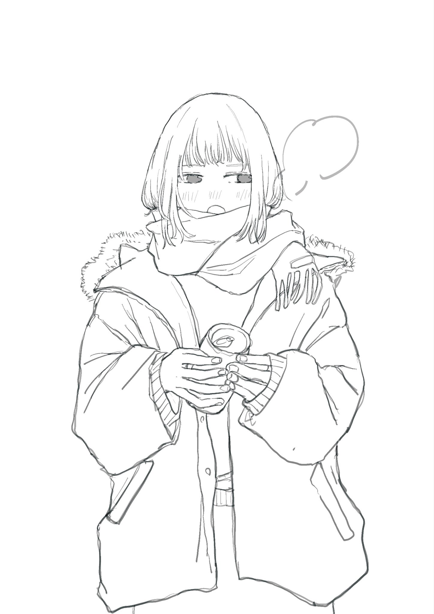 original, highres, 1girl, blush, breath, coat, greyscale, izumi mizu1001, long sleeves, monochrome, open mouth, scarf, solo, upper body, white background, winter clothes