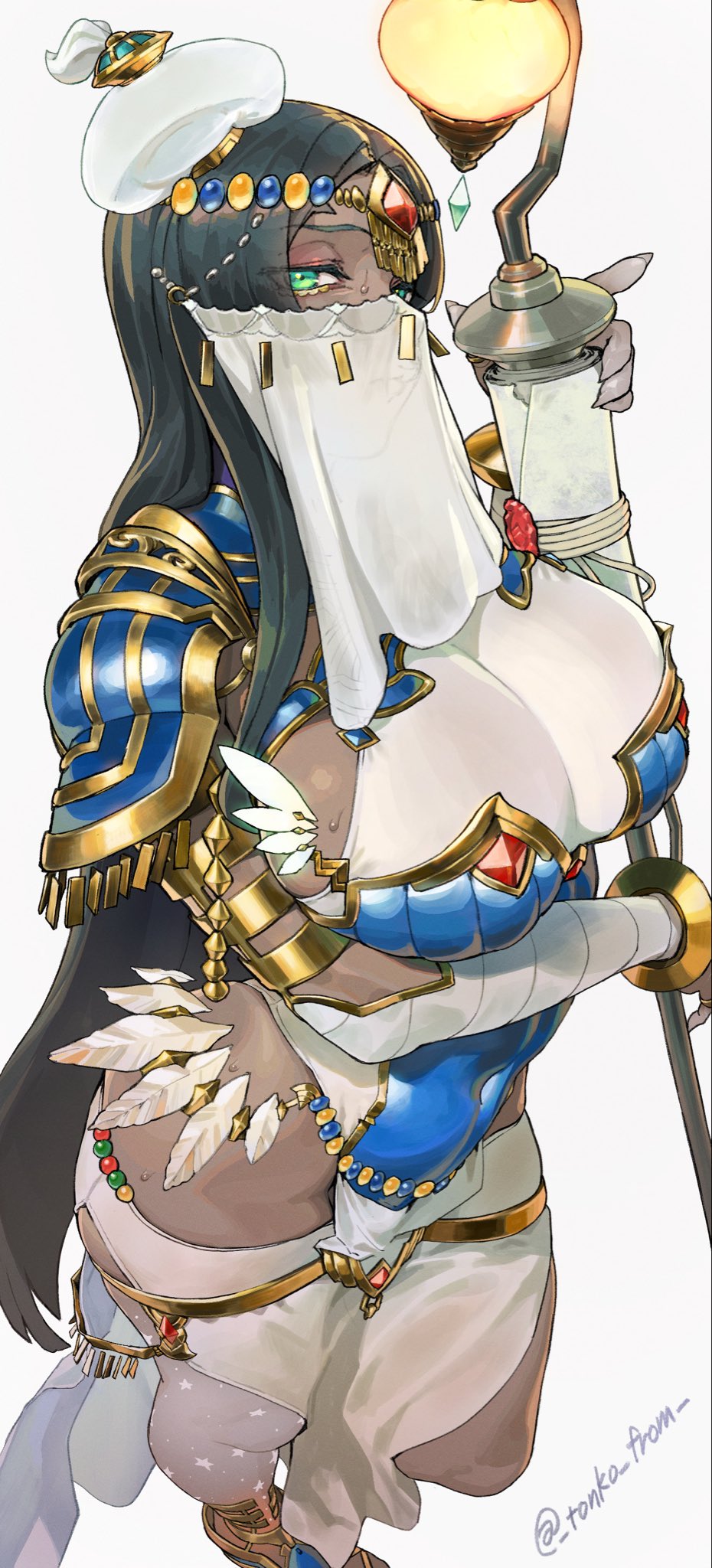 tonko from, scheherazade (fate), scheherazade (first ascension) (fate), fate/grand order, fate (series), highres, armor, beads, black hair, breasts, bridal gauntlets, cleavage, dark-skinned female, dark skin, feathers, green eyes, hat, huge breasts, jewelry, long hair, makeup, pauldrons, scroll, shoulder armor, sidelocks, skirt, staff, star (symbol), sweat, veil, very long hair