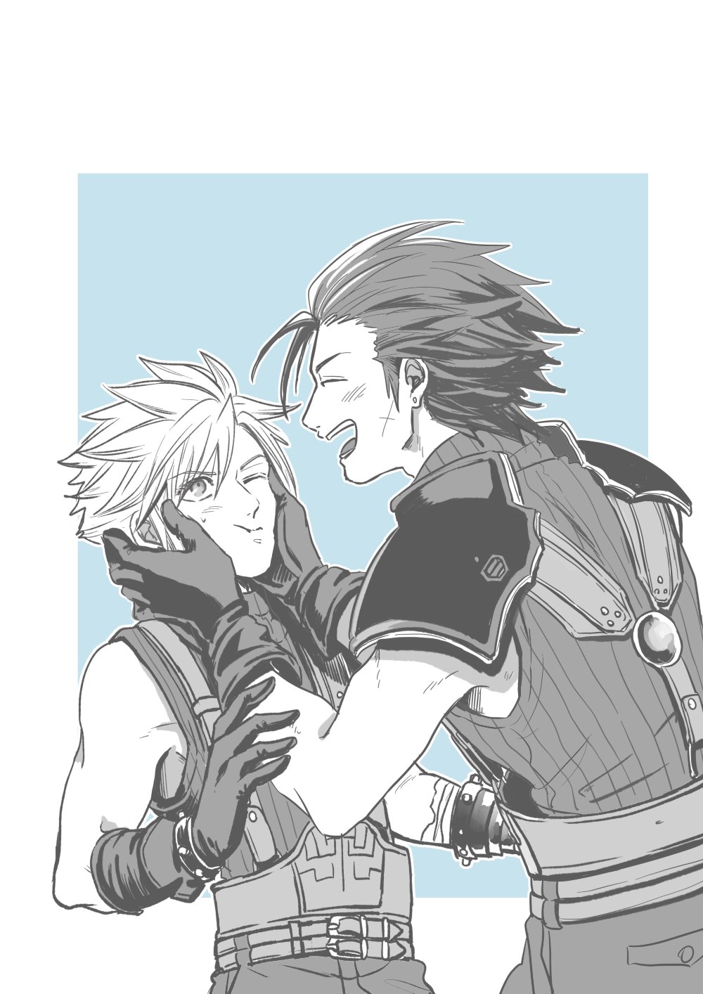 nisankagames, cloud strife, zack fair, final fantasy, final fantasy vii, highres, 2boys, armor, bandaged arm, bandages, belt, blue background, blush, border, closed eyes, cross scar, earrings, facial scar, gloves, hair between eyes, hair slicked back, hands on another's cheeks, hands on another's face, jewelry, laughing, male focus, multiple belts, multiple boys, one eye closed, open mouth, pauldrons, scar, scar on cheek, scar on face, sharp teeth, short hair, shoulder armor, single bare shoulder, single earring, sleeveless, sleeveless turtleneck, smile, suspenders, sweatdrop, teeth, turtleneck, white border