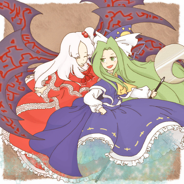 suiyou taruta, suiyoubi, mima (touhou), shinki (touhou), mystic square, touhou, touhou (pc-98), 2girls, female focus, ghost, green eyes, green hair, hair bobbles, hair ornament, hat, long hair, multiple girls, multiple wings, side ponytail, staff, white hair, wings, wizard hat