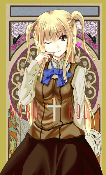 oimari, shidou mariya, maria holic, bad id, bad pixiv id, image sample, pixiv sample, resized, 00s, 1boy, blonde hair, male focus, one eye closed, red eyes, ribbon, skirt, solo, trap, twintails, two side up, wink