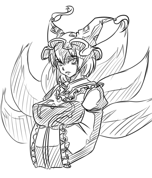 wabi (wbsk), wabi tsubaki, yakumo ran, touhou, 1girl, animal hat, breasts, female focus, fox tail, greyscale, hands in opposite sleeves, hat, long sleeves, mob cap, monochrome, short hair, solo, tail, tassel, white background, wide sleeves