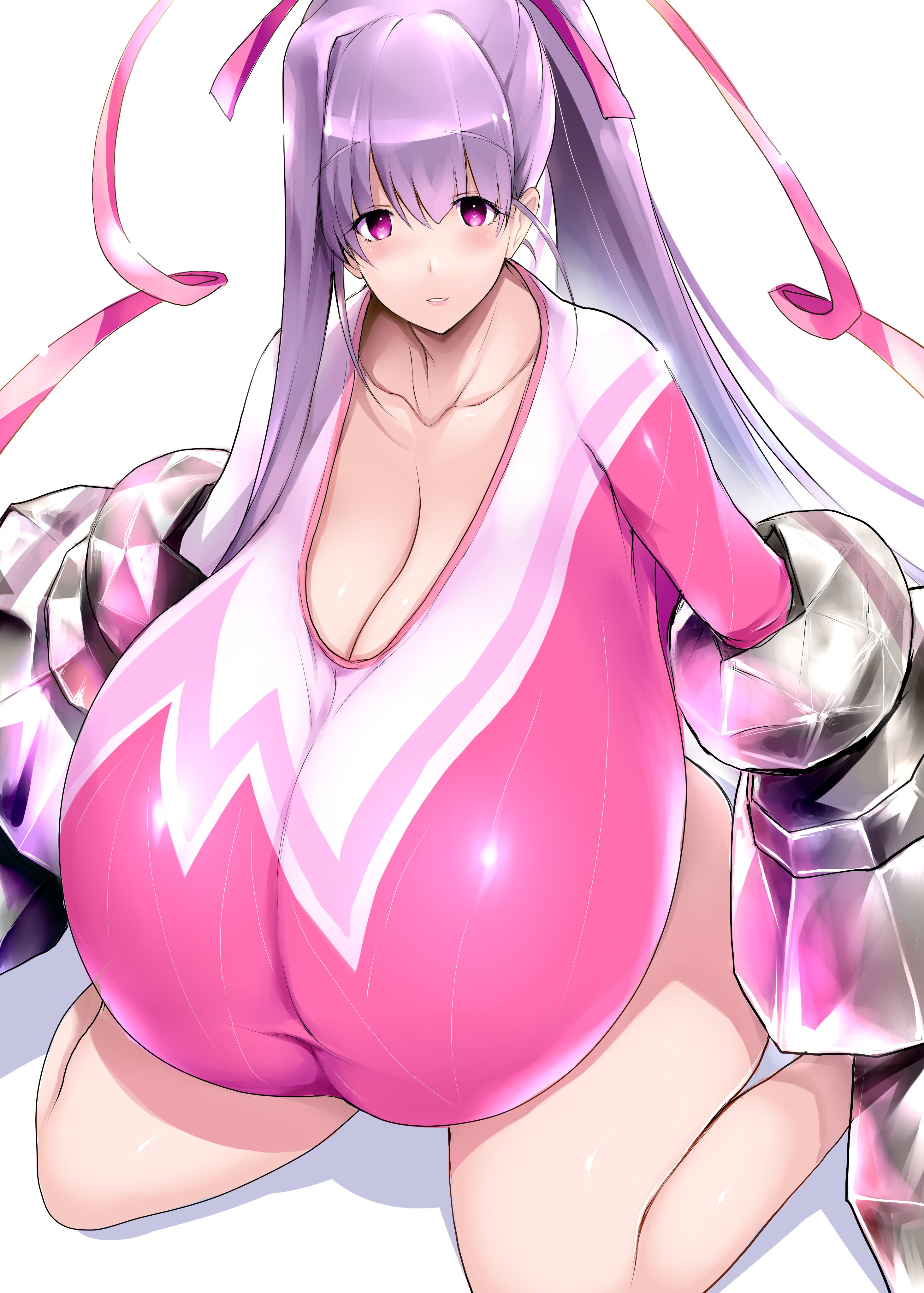 tsukasawa takamatsu, passionlip (fate), passionlip (swimsuit saber) (second ascension) (fate), fate/grand order, fate (series), absurdres, highres, 1girl, blush, breasts, claw (weapon), cleavage, collarbone, gigantic breasts, hair ribbon, high ponytail, leotard, long hair, long sleeves, looking at viewer, pink eyes, pink leotard, pink ribbon, ponytail, purple hair, ribbon, sitting, sleeved leotard, solo, thighs, very long hair, weapon