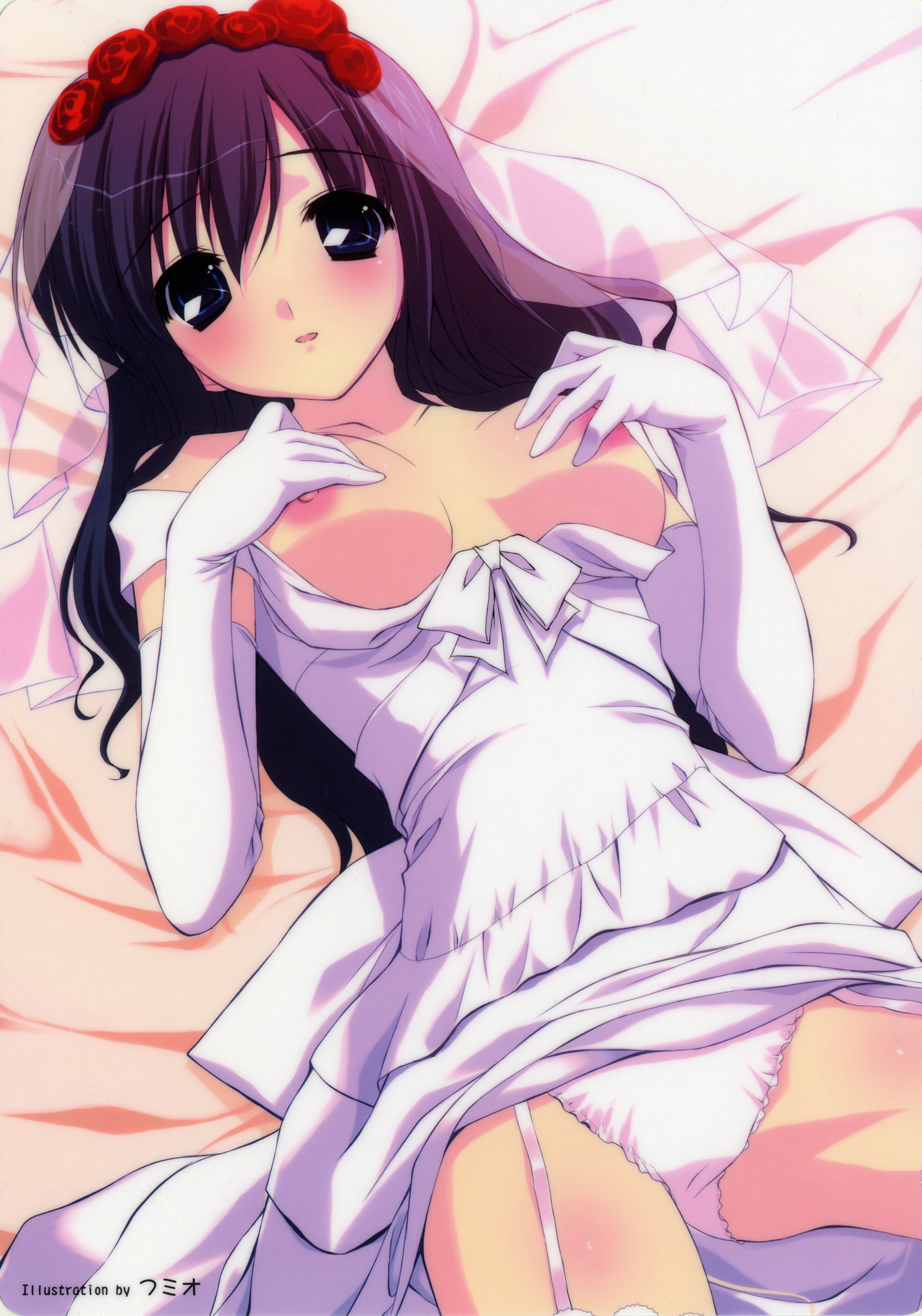 fumio (ura fmo), absurdres, highres, 1girl, bed, black hair, blush, breasts, bridal veil, bride, dress, elbow gloves, female focus, flower, gloves, long hair, lying, panties, solo, underwear, veil, wedding dress