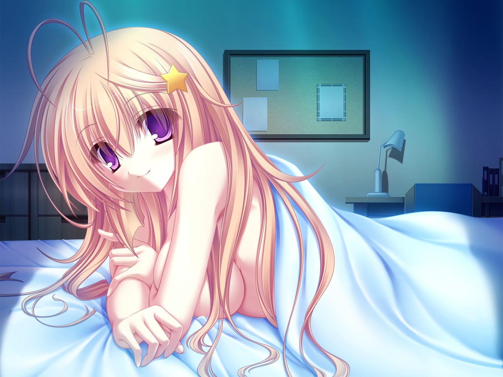 mikagami mamizu, seiya mashiro, meri chri, game cg, highres, 1girl, antenna hair, bed, bed sheet, bedroom, blonde hair, breasts, casual nudity, female focus, hair ornament, hairclip, indoors, looking at viewer, medium breasts, naked sheet, nude, on bed, pov across bed, purple eyes, smile, solo, star (symbol), star hair ornament, under covers