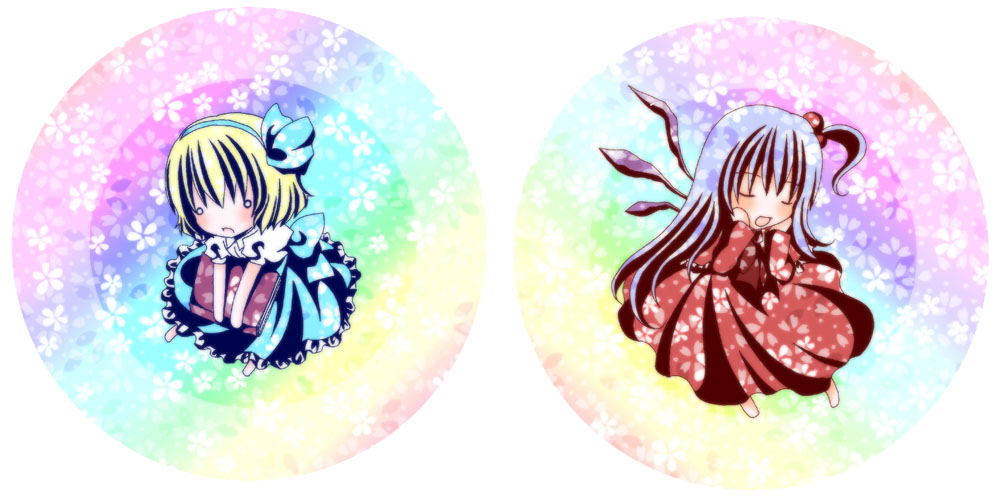 kasuga sunao, alice margatroid, alice margatroid (pc-98), shinki (touhou), mystic square, touhou, touhou (pc-98), bad id, bad pixiv id, 2girls, blonde hair, blue hair, chibi, female focus, hair bobbles, hair ornament, hairband, long hair, multiple girls, ribbon, side ponytail, wings
