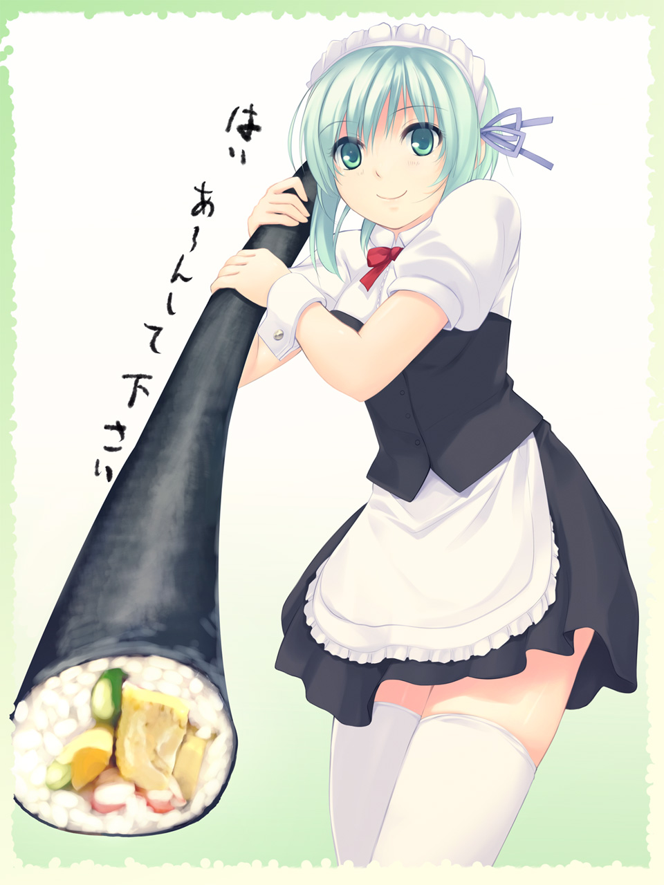coffee-kizoku, highres, translated, 1girl, aqua eyes, aqua hair, female focus, food, green eyes, hair ribbon, maid, maid headdress, makizushi, ribbon, short hair, smile, solo, sushi, thighhighs