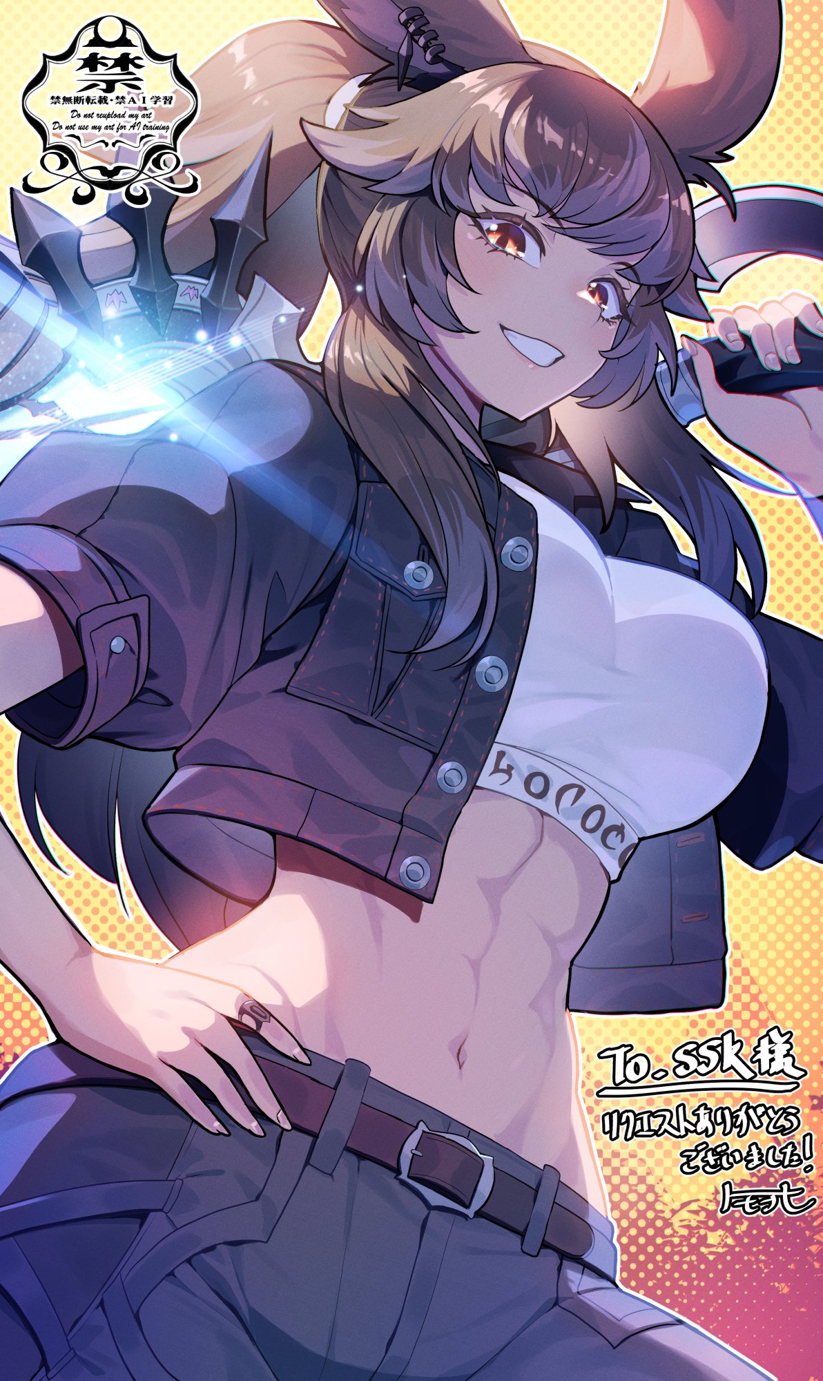 matsumoto tomoyohi, original, bilingual commentary, commentary, commission, english commentary, highres, mixed-language commentary, skeb commission, 1girl, abs, animal ear piercing, animal ears, belt, belt buckle, black belt, black jacket, breasts, brown eyes, brown hair, buckle, cowboy shot, cropped jacket, cropped shirt, hand on own hip, holding, holding weapon, jacket, jewelry, large breasts, long hair, looking at viewer, multicolored hair, navel, open clothes, open jacket, rabbit ears, ring, shirt, short sleeves, smile, solo, stomach, streaked hair, swept bangs, toned, toned female, weapon, white shirt