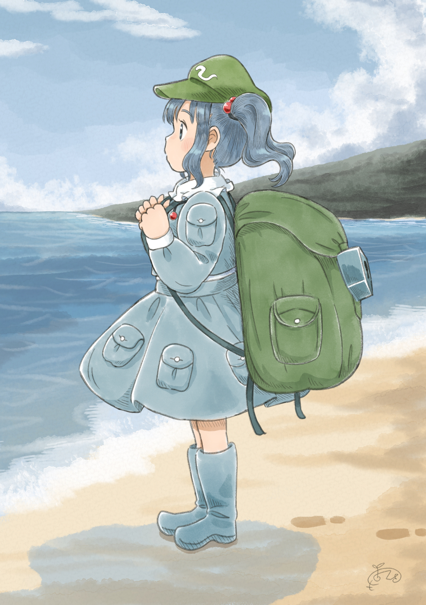 chii-kun (seedyoulater), kawashiro nitori, touhou, commentary request, highres, revision, 1girl, backpack, bag, blue boots, blue eyes, blue hair, blue sky, boots, cloud, cloudy sky, day, from side, full body, green hat, hair bobbles, hair ornament, hat, horizon, knee boots, long sleeves, outdoors, pocket, profile, rubber boots, short hair, signature, skirt, skirt set, sky, solo, two side up, water