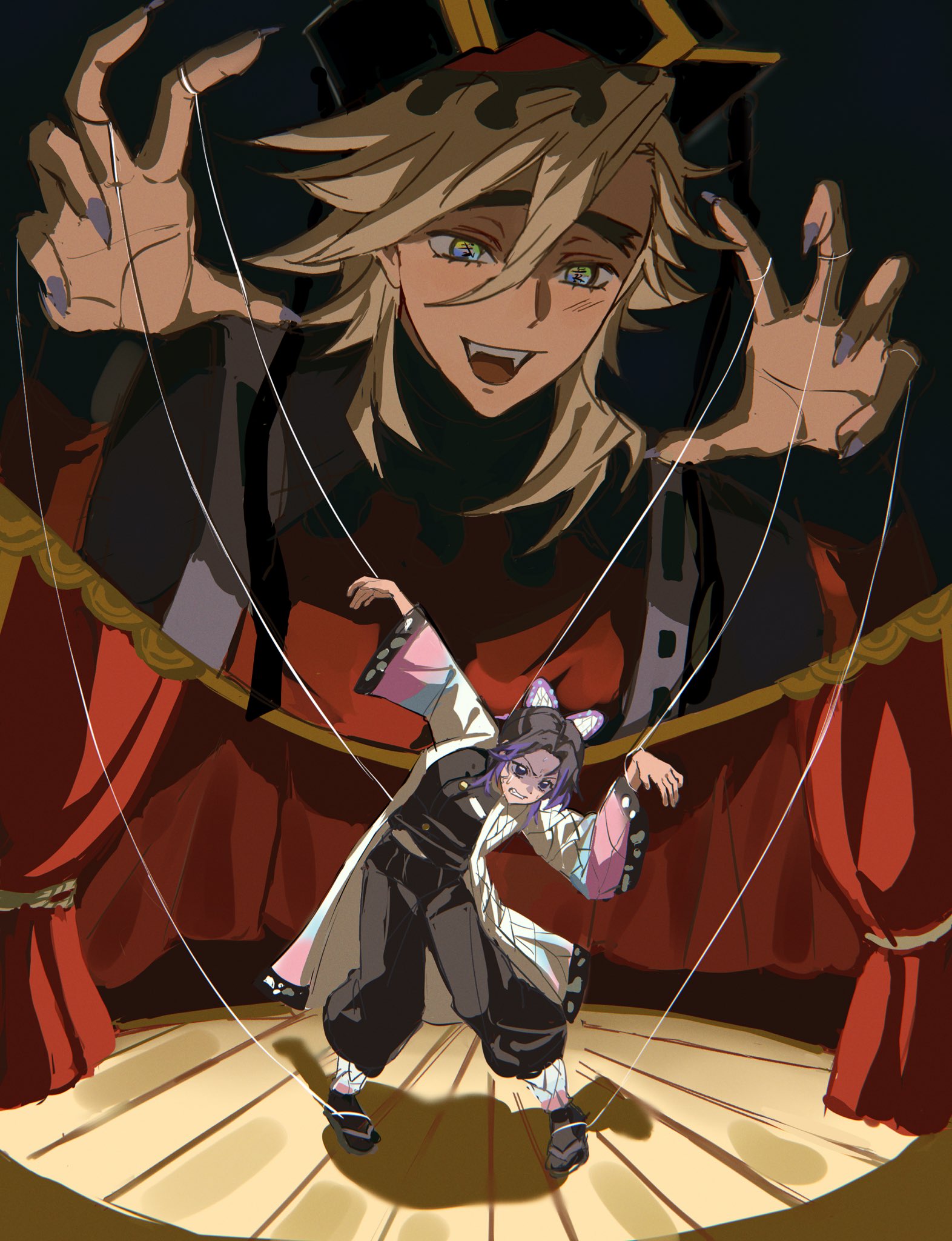 douma (kimetsu no yaiba), kochou shinobu, kimetsu no yaiba, highres, 1boy, 1girl, animal print, black hair, black jacket, black pants, blonde hair, blue eyes, breasts, butterfly hair ornament, butterfly print, butterfly print haori, byo rk, claws, clenched teeth, curtains, demon slayer uniform, fangs, fingernails, full body, furrowed brow, hair between eyes, hair ornament, haori, jacket, japanese clothes, light blush, long hair, marionette, medium breasts, open mouth, pants, parted bangs, print haori, puppet, puppet strings, puppeteering, purple eyes, purple hair, purple nails, sandals, sharp fingernails, sidelocks, smile, stage, tabi, teeth, updo, upper body