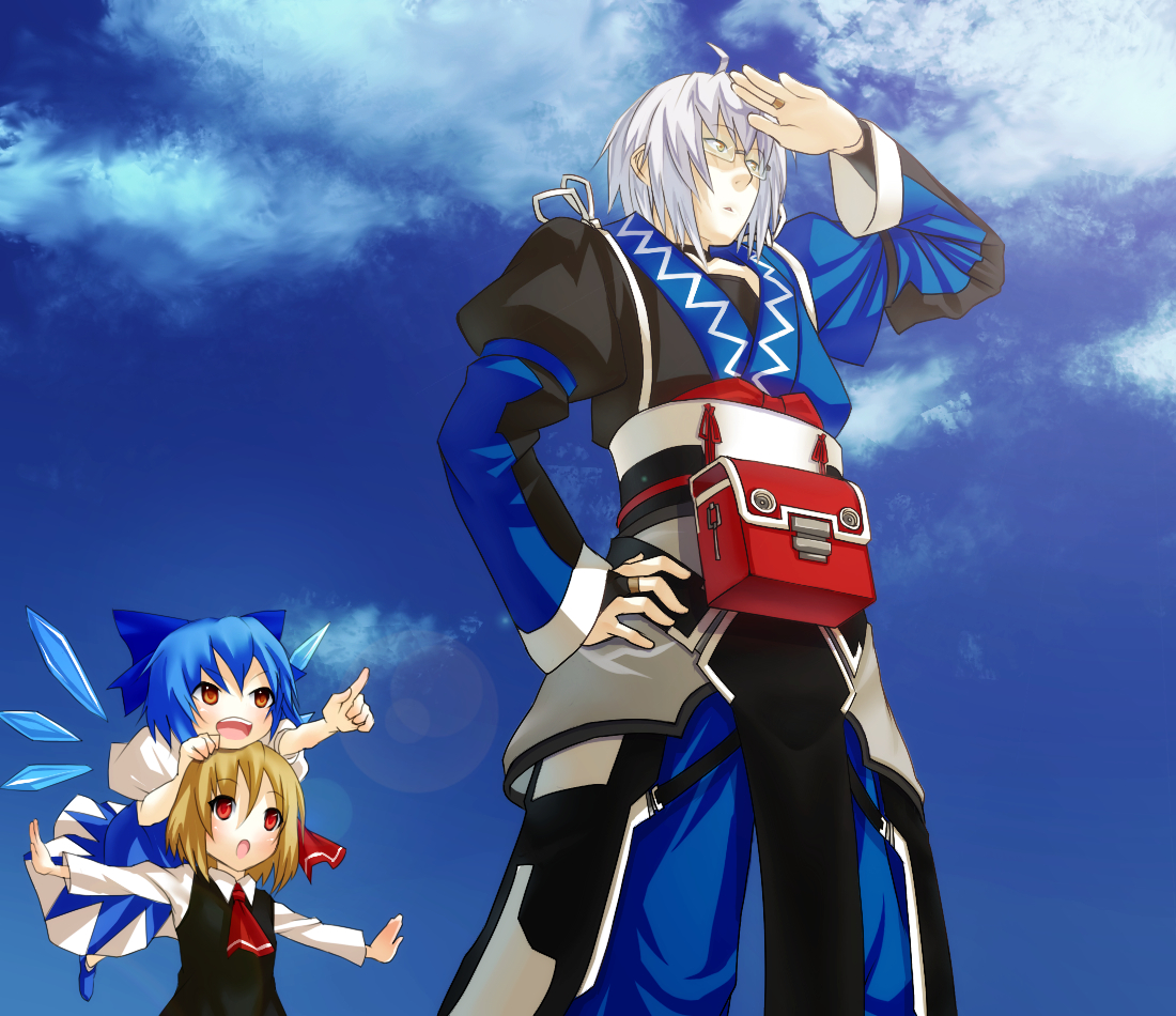 eho (icbm), kaiho, cirno, morichika rinnosuke, rumia, air (visual novel), embodiment of scarlet devil, touhou, silver hair, bad id, bad pixiv id, 1boy, 2girls, blonde hair, blue hair, day, glasses, hair ribbon, multiple girls, outstretched arms, parody, red eyes, ribbon, short hair, sky, spread arms, yellow eyes