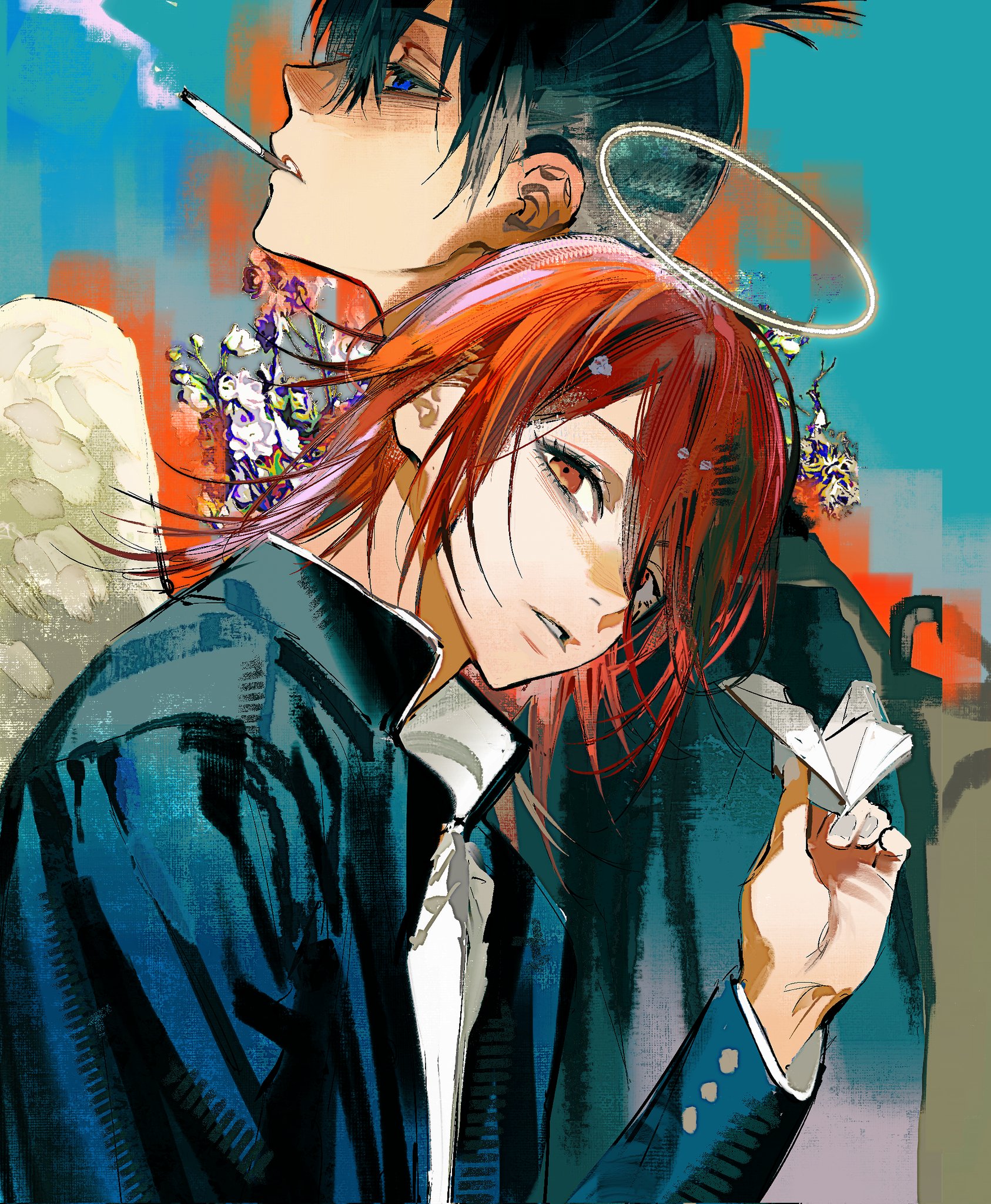 angel devil (chainsaw man), hayakawa aki, chainsaw man, highres, 2boys, androgynous, angel wings, avandee11949, black hair, black jacket, blue eyes, brown eyes, cigarette, gakuran, hair between eyes, halo, holding, holding paper airplane, jacket, long hair, looking at viewer, male focus, multiple boys, paper airplane, parted lips, ponytail, red hair, school uniform, shirt, short hair, short ponytail, smoke, smoking, upper body, white shirt, wings