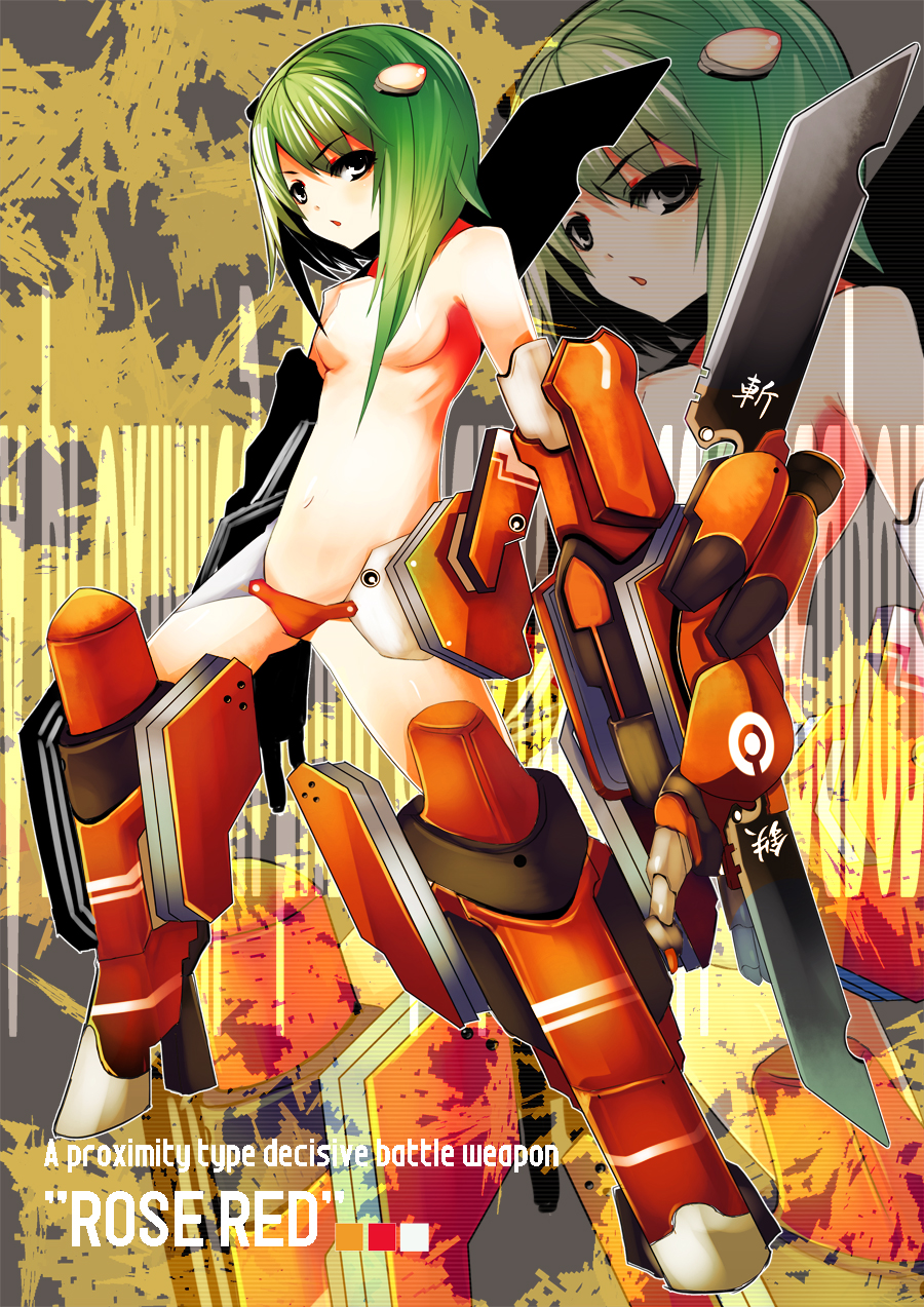 nirai kanai, original, bad id, bad pixiv id, highres, 1girl, black eyes, breasts, female focus, green hair, long hair, mecha musume, navel, nude, revealing clothes, solo