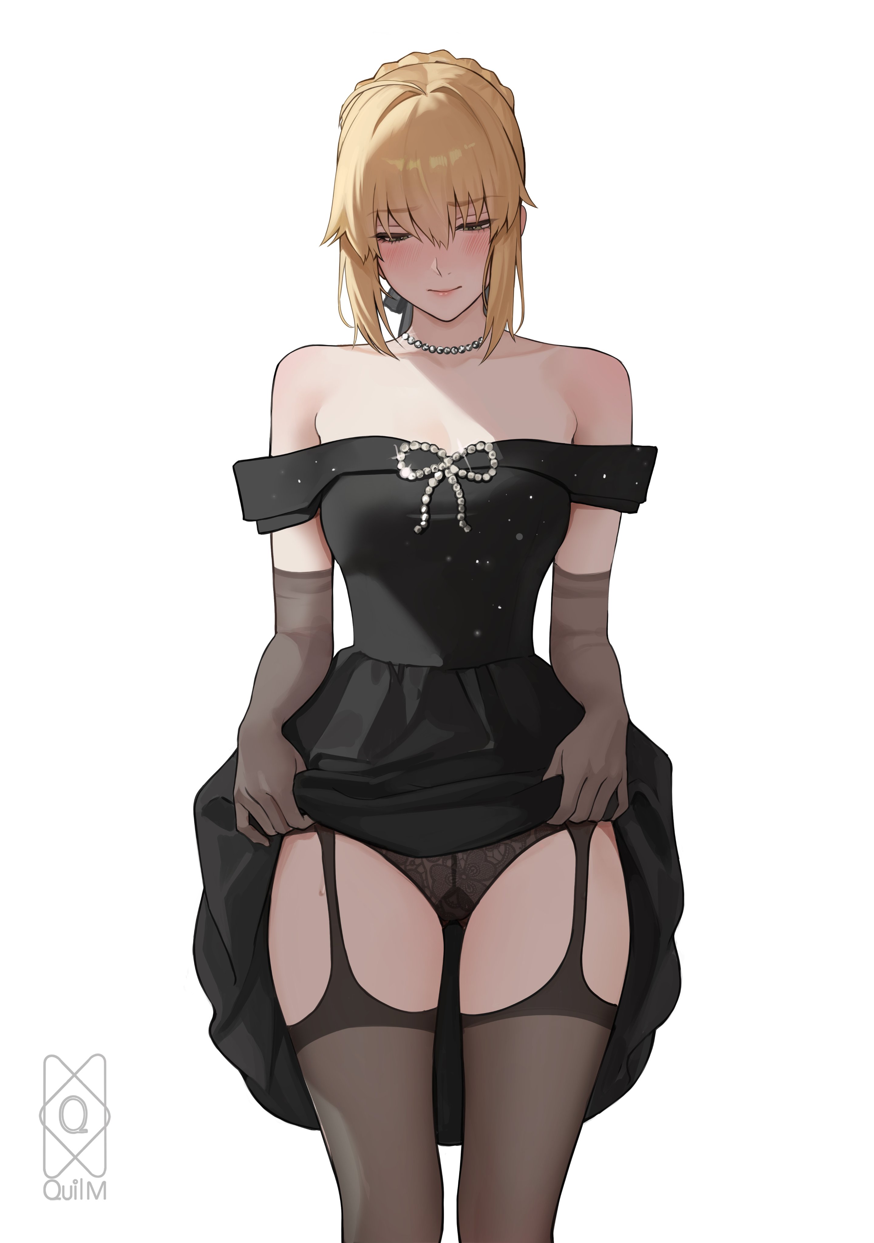 quilm, artoria pendragon (fate), saber (fate), fate (series), absurdres, highres, 1girl, ahoge, black dress, black panties, blonde hair, blush, braid, bun with braided base, clothes lift, dress, dress lift, elbow gloves, garter straps, gloves, green eyes, half-closed eyes, jewelry, lifting own clothes, looking down, necklace, off-shoulder dress, off shoulder, panties, pearl necklace, sidelocks, simple background, solo, standing, underwear, white background