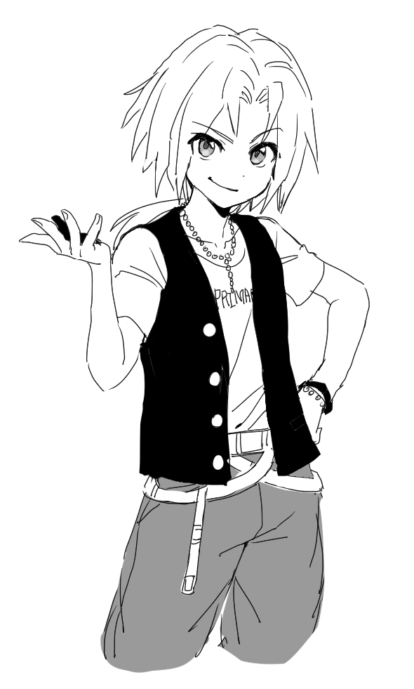 dede (qwea 00000), zidane tribal, final fantasy, final fantasy ix, black vest, cowboy shot, cropped legs, crossed belts, dissidia duellum final fantasy, grey pants, greyscale, hand on own hip, jewelry, looking at viewer, low ponytail, monochrome, necklace, official alternate costume, pants, parted bangs, ponytail, print shirt, shirt, short sleeves, sketch, smile, t-shirt, vest, white background, white shirt