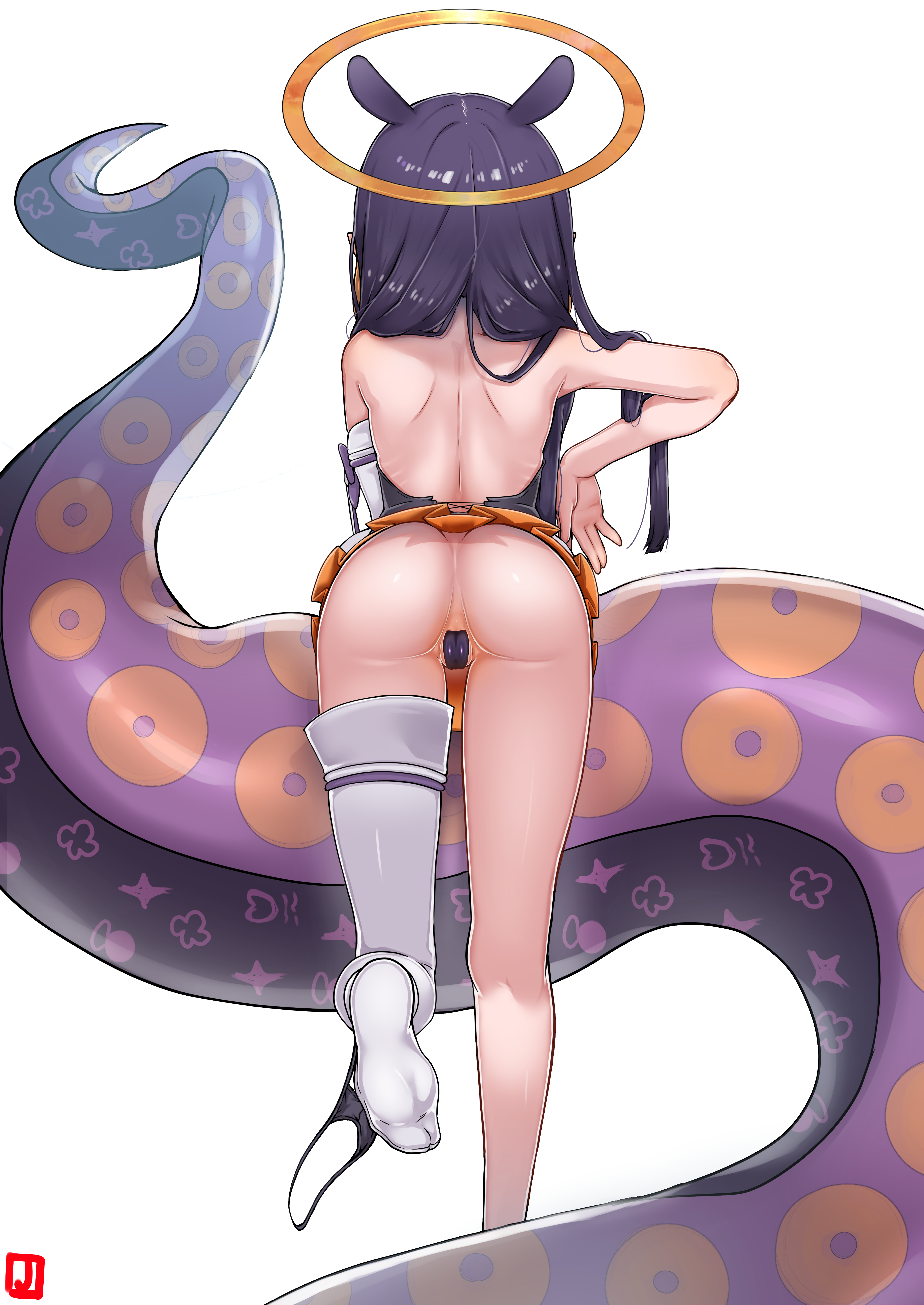 johnny (braun-kan cafe), ninomae ina'nis, ninomae ina'nis (1st costume), hololive, hololive english, absurdres, highres, revision, 1girl, ass, back, bare back, black hair, facing away, from behind, halo, long hair, maebari, no anus, panties around one ankle, simple background, single thighhigh, socks, soles, solo, standing, standing on one leg, tentacles, thighhighs, virtual youtuber, white background, white socks, white thighhighs, yellow halo