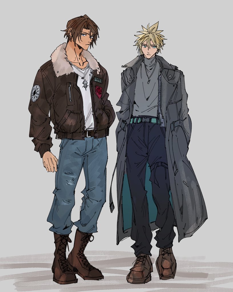 shio ga, cloud strife, squall leonhart, final fantasy, final fantasy vii, final fantasy viii, 2boys, black jacket, black pants, blonde hair, blue pants, boots, brown boots, brown hair, brown shoes, casual, coat, denim, full body, fur-trimmed jacket, fur trim, grey background, grey coat, grey shirt, hair between eyes, hand in pocket, jacket, jeans, jewelry, leather, leather jacket, long coat, male focus, multiple boys, necklace, pants, scar, scar on face, scar on forehead, shirt, shoes, short hair, spiked hair, standing, turtleneck, white shirt