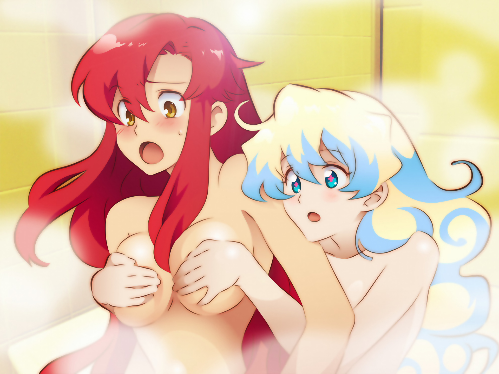 hayami sukaruchinofu, nia teppelin, yoko littner, tengen toppa gurren lagann, highres, 00s, 2girls, bath, blue eyes, blue hair, blush, breasts, completely nude, cross-shaped pupils, grabbing another's breast, groping, long hair, multicolored hair, multiple girls, nude, open mouth, red hair, steam, surprised, symbol-shaped pupils, very long hair, yellow eyes, yuri