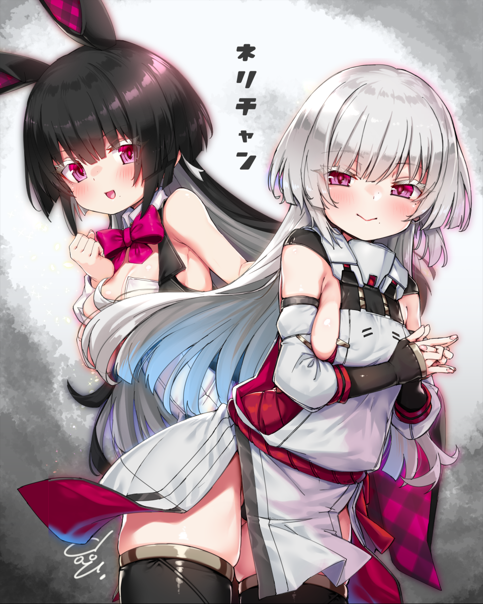 doyouwantto, alice gear aegis, character request, check character, commentary request, highres, variant set, 2girls, :>, animal ears, black gloves, black hair, black pantyhose, black thighhighs, black vest, blue hair, bow, bowtie, breasts, cleavage, closed mouth, collar, colored eyelashes, colored inner hair, cropped vest, dated, detached collar, detached sleeves, dress, fake animal ears, fake tail, fingerless gloves, gloves, grey dress, grey hair, grey sleeves, kanaya neri, large breasts, leotard, long hair, looking at viewer, medium breasts, mole, mole under eye, mole under mouth, multicolored hair, multiple girls, open mouth, own hands together, pantyhose, pink bow, pink bowtie, pink eyes, pink hair, playboy bunny, rabbit ears, rabbit tail, side slit, skindentation, sleeveless, sleeveless dress, smile, strapless, strapless leotard, tail, thigh strap, thighhighs, two-tone hair, vest, white collar, white hair, white leotard, white wrist cuffs, wrist cuffs