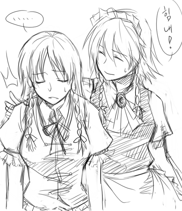 negom, hong meiling, izayoi sakuya, embodiment of scarlet devil, touhou, translation request, …, 2girls, braid, closed eyes, female focus, greyscale, hairband, korean text, long hair, maid, maid headdress, monochrome, multiple girls, ribbon, spoken ellipsis, sweatdrop, twin braids