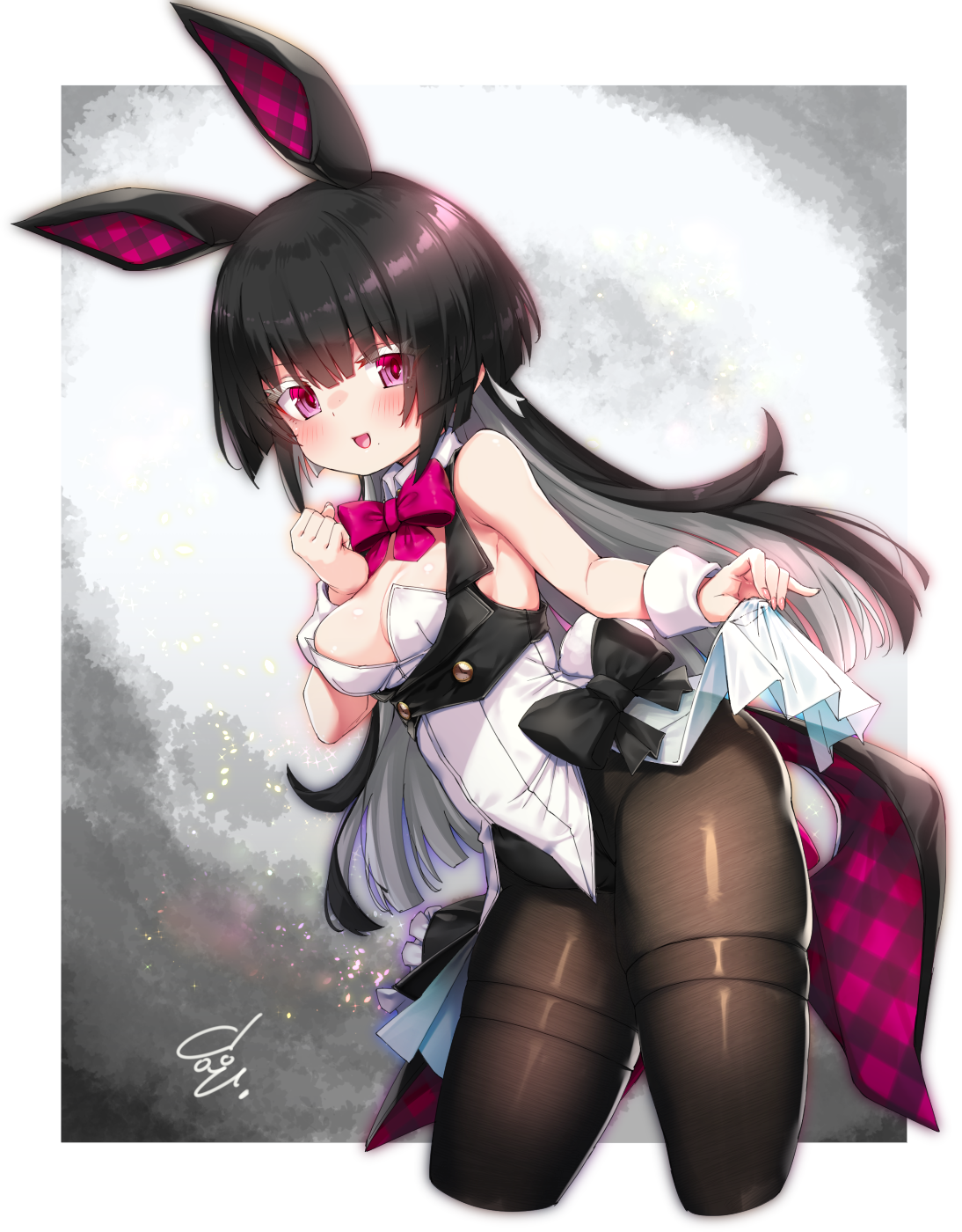 doyouwantto, alice gear aegis, character request, check character, commentary request, highres, variant set, 1girl, animal ears, black hair, black pantyhose, black vest, border, bow, bowtie, breasts, cleavage, collar, colored eyelashes, colored inner hair, cropped legs, cropped vest, detached collar, fake animal ears, fake tail, kanaya neri, large breasts, leotard, long hair, looking at viewer, mole, mole under mouth, multicolored hair, open mouth, pantyhose, pink bow, pink bowtie, pink eyes, playboy bunny, rabbit ears, rabbit tail, skindentation, smile, solo, strapless, strapless leotard, tail, thigh strap, two-tone hair, vest, white border, white collar, white hair, white leotard, white wrist cuffs, wrist cuffs