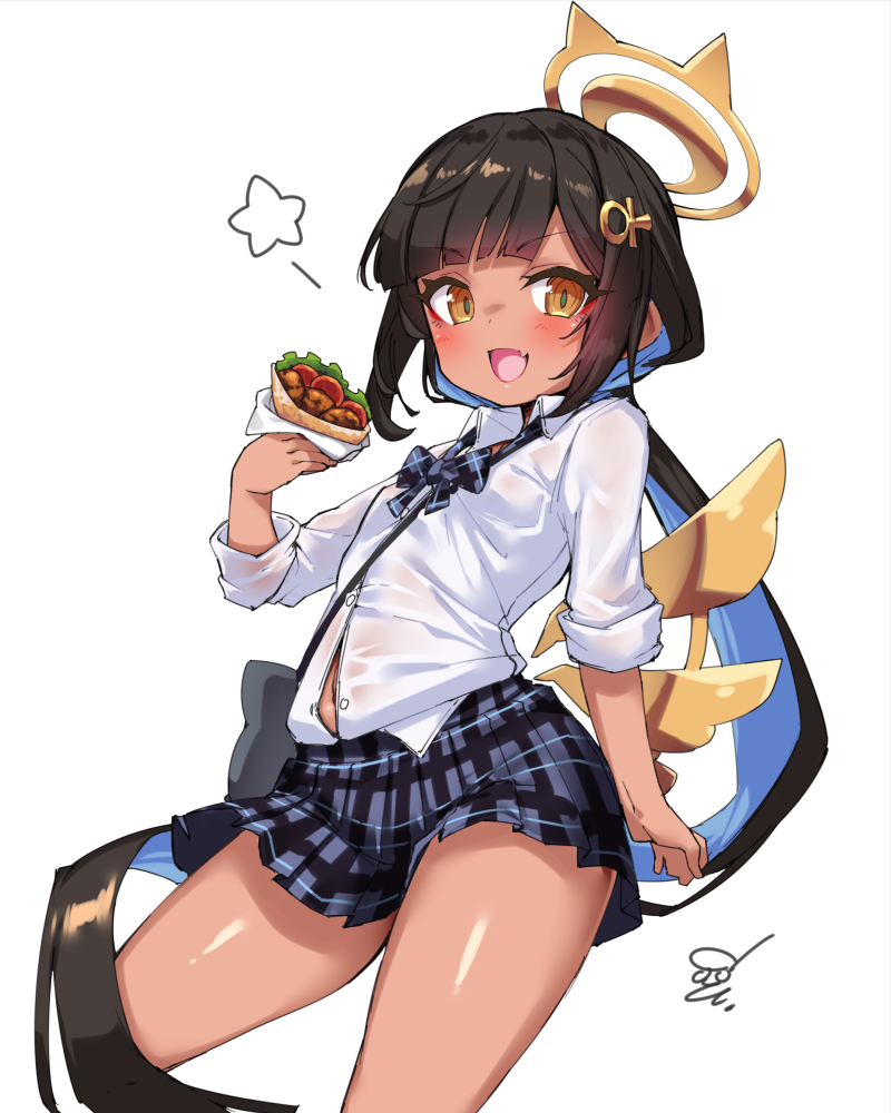 doyouwantto, twinkle star knights, character request, commentary request, 1girl, :d, black hair, blue bow, blue bowtie, blue hair, blue skirt, bow, bowtie, breasts, collared shirt, colored inner hair, cowboy shot, dark-skinned female, dark skin, fang, food, green pupils, hair ornament, hairclip, halo, holding, holding food, long hair, looking at viewer, low ponytail, low wings, multicolored hair, open mouth, orange eyes, partially unbuttoned, pleated skirt, ponytail, school uniform, shirt, simple background, skin fang, skirt, sleeves rolled up, small breasts, smile, solo, star (symbol), two-tone hair, very long hair, white background, white shirt, wings, yellow halo, yellow wings